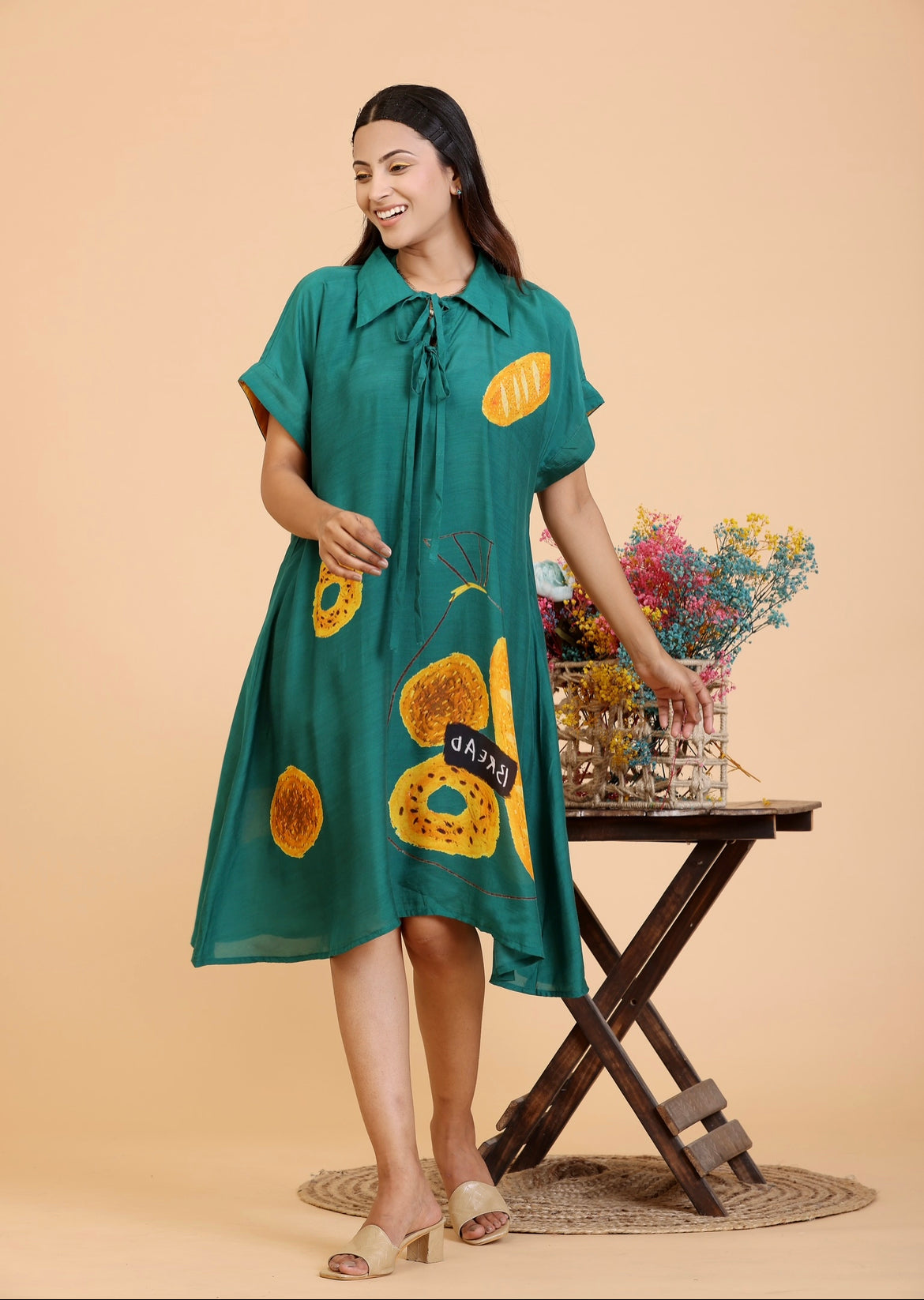 print emerald green A-Line dolmain sleeve dress
