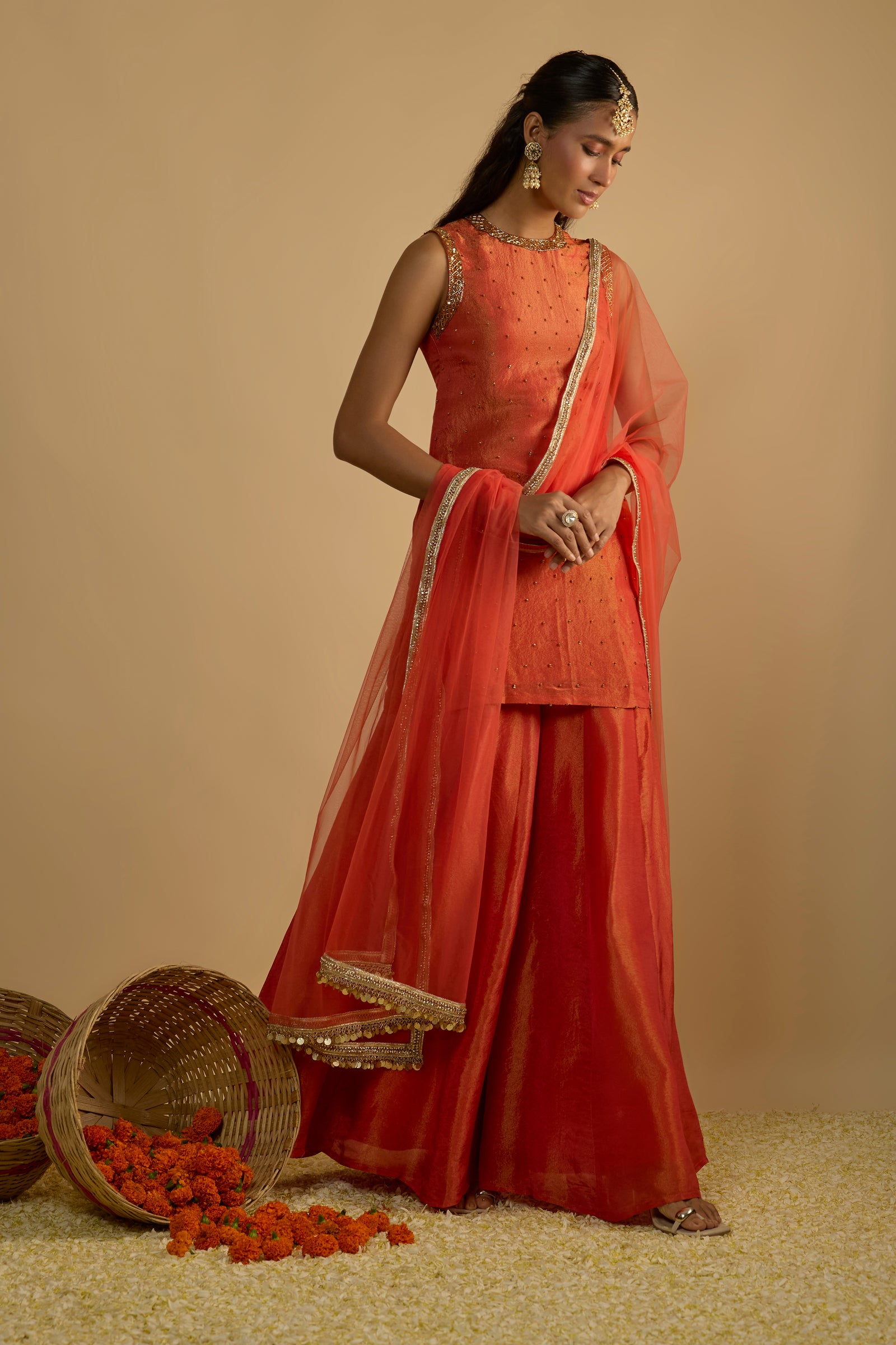 Burnt Orange Silk Tissue Short Kurta Gharara Set