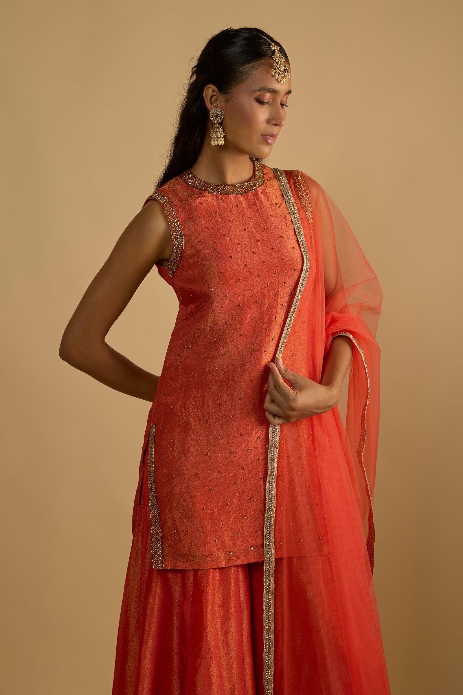 Burnt Orange Silk Tissue Short Kurta Gharara Set