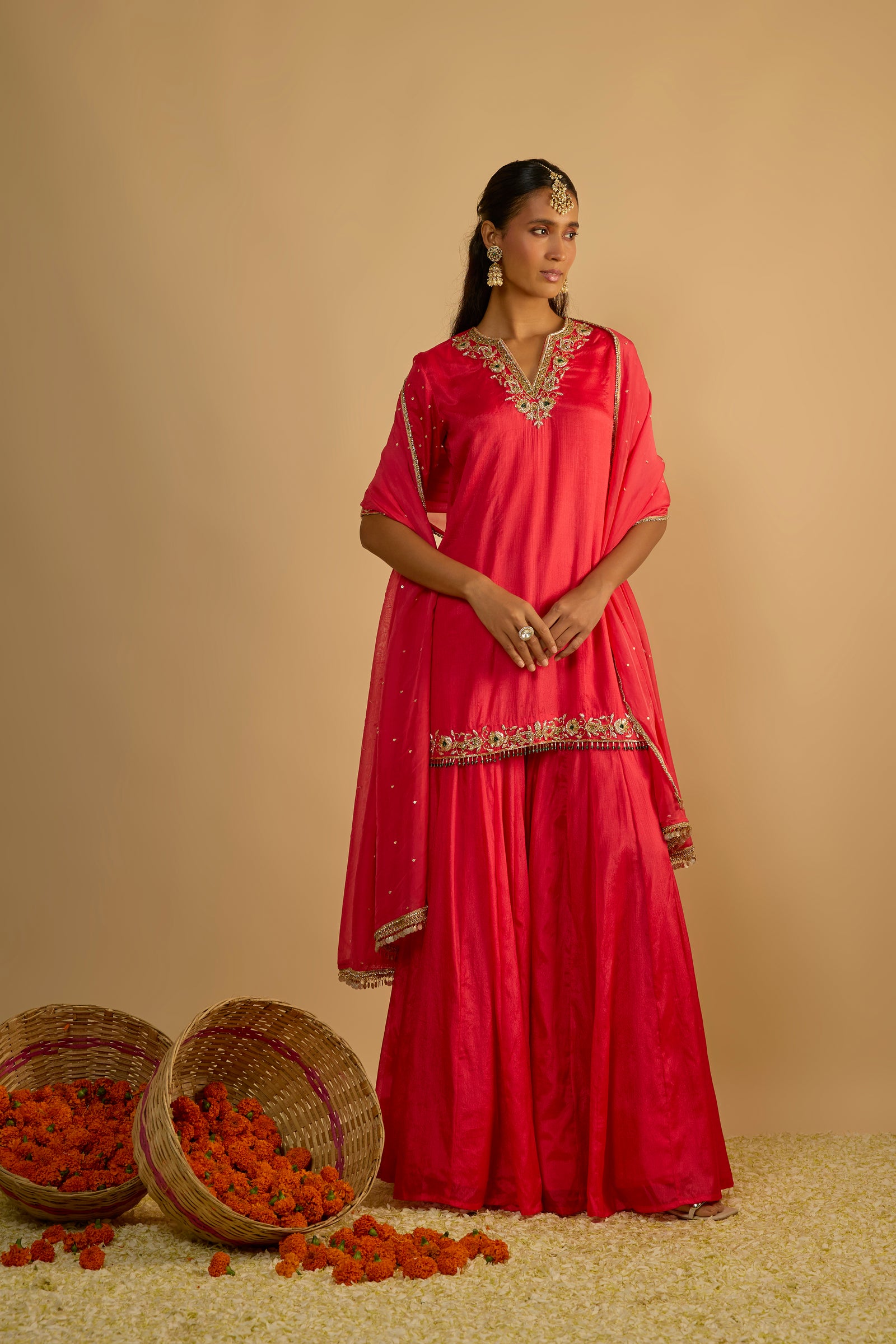 Crimson Blush Silk Chiffon Short Kurta Gharara Set