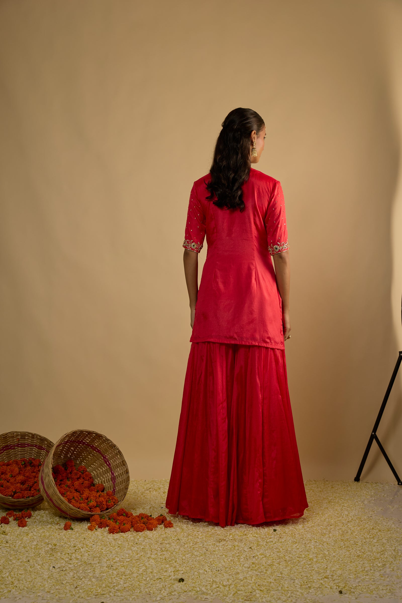 Crimson Blush Silk Chiffon Short Kurta Gharara Set