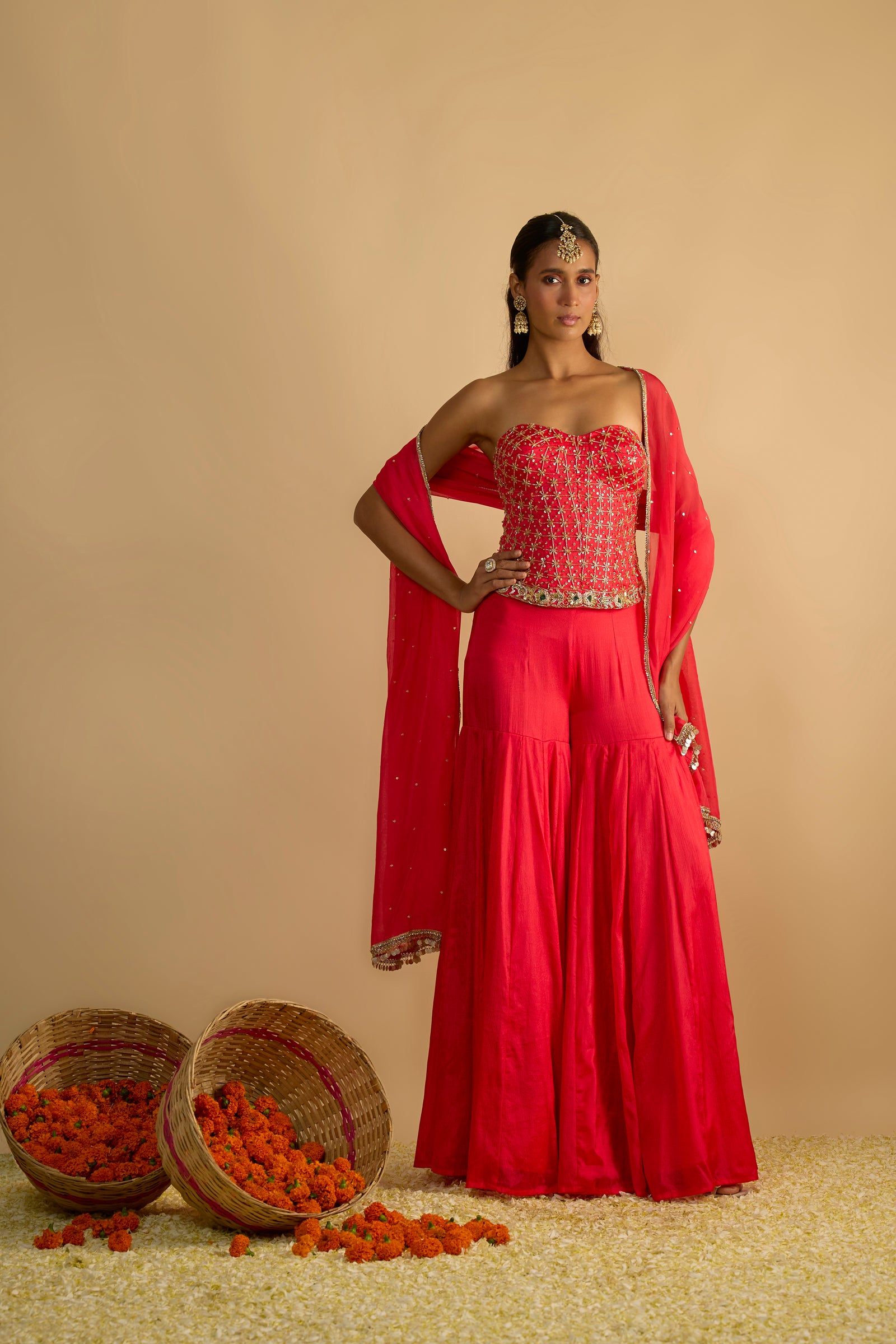 Crimson Blush Silk Chiffon Hand Embroidered Corset