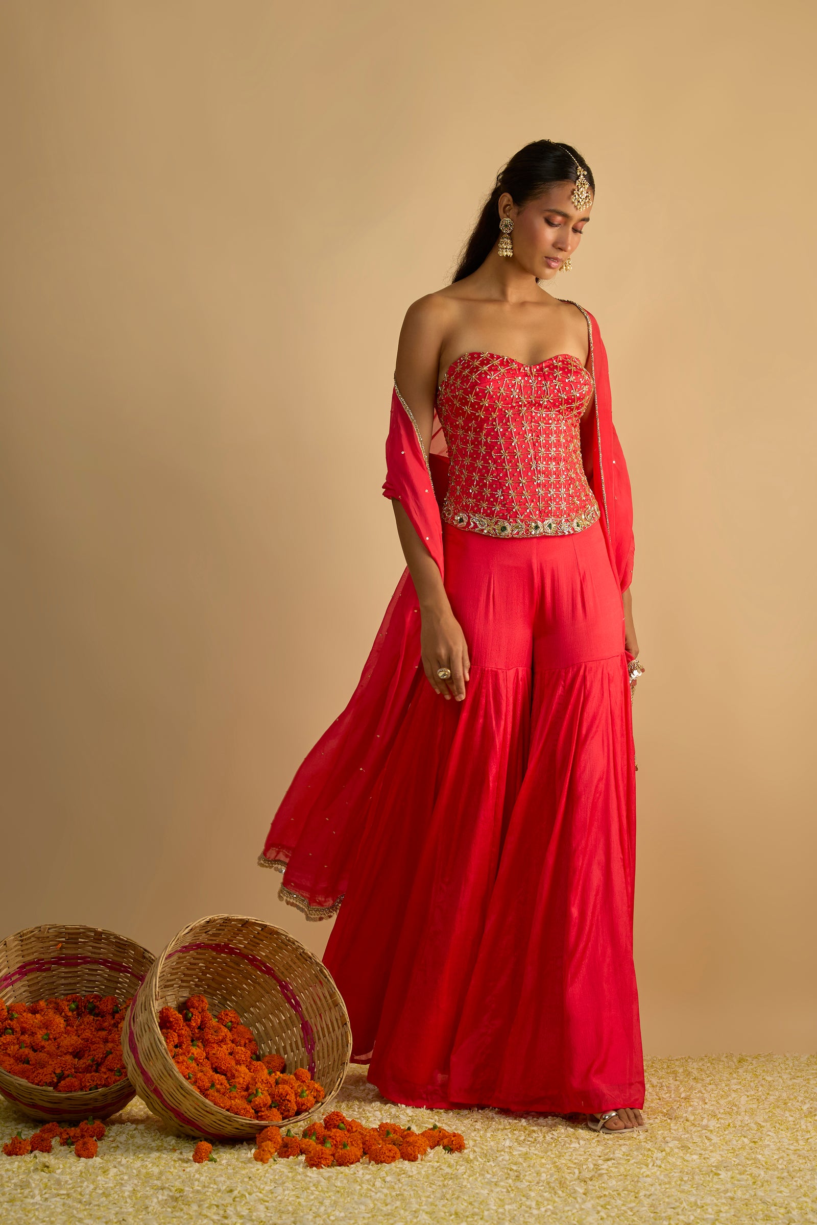 Crimson Blush Silk Chiffon Hand Embroidered Corset