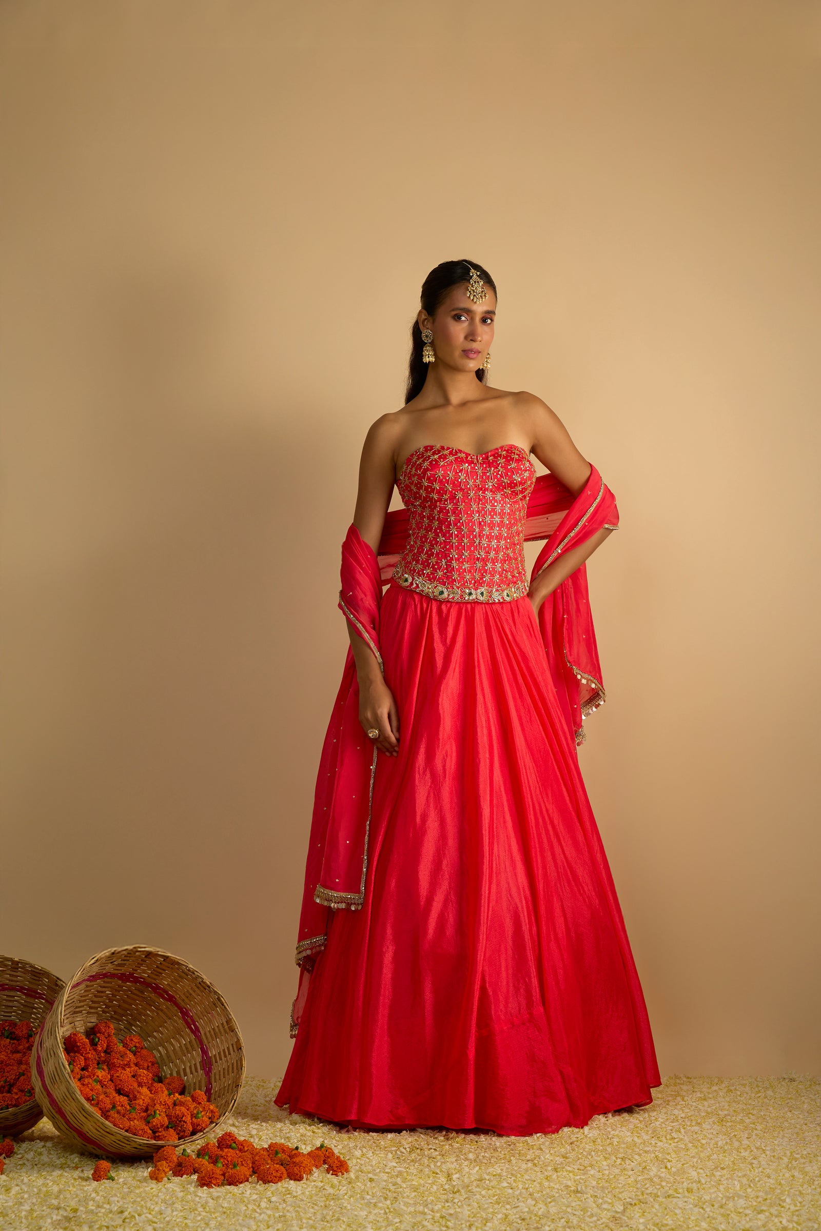 Crimson Blush Silk Chiffon Hand Embroidered Corset