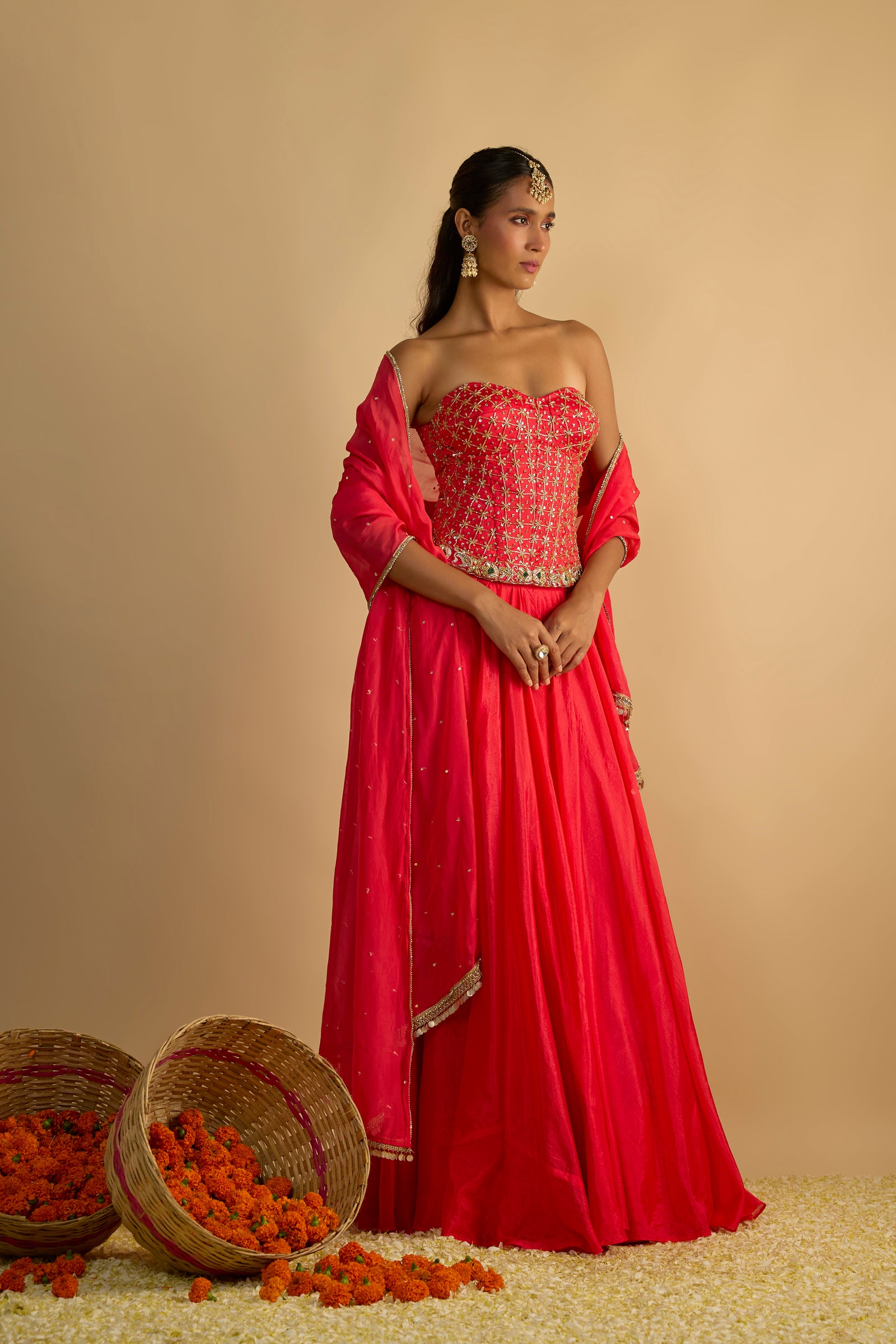 Crimson Blush Silk Chiffon Hand Embroidered Corset