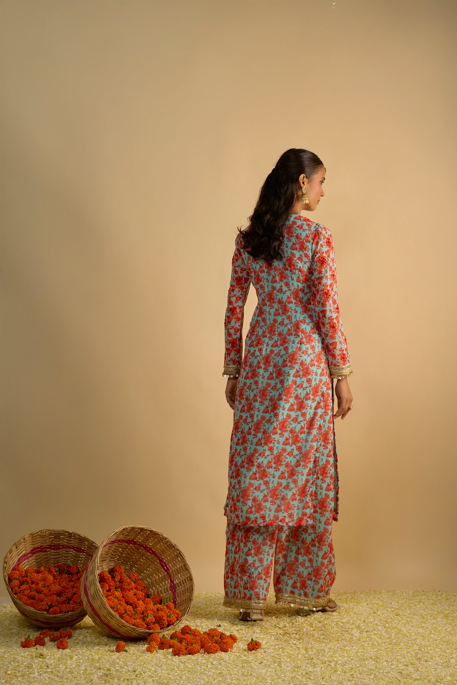 Blue and Orange Floral Printed Kurta Set