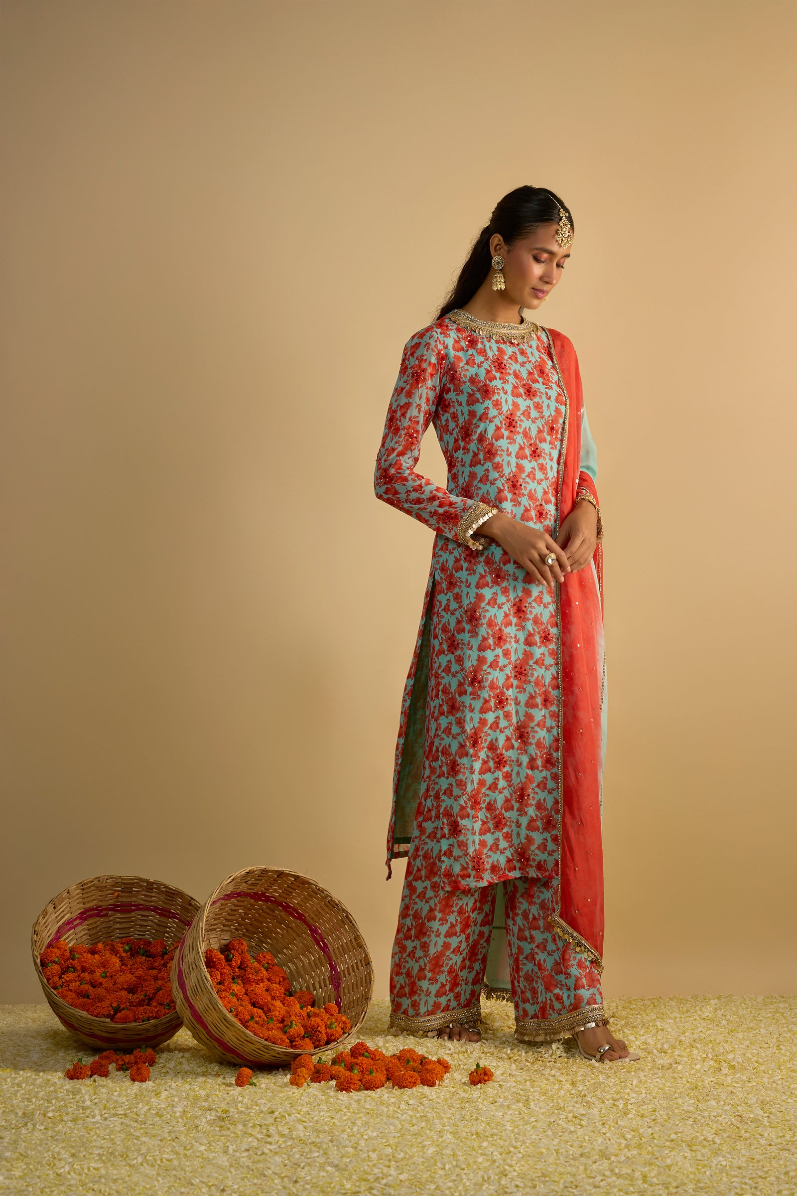 Blue and Orange Floral Printed Kurta Set