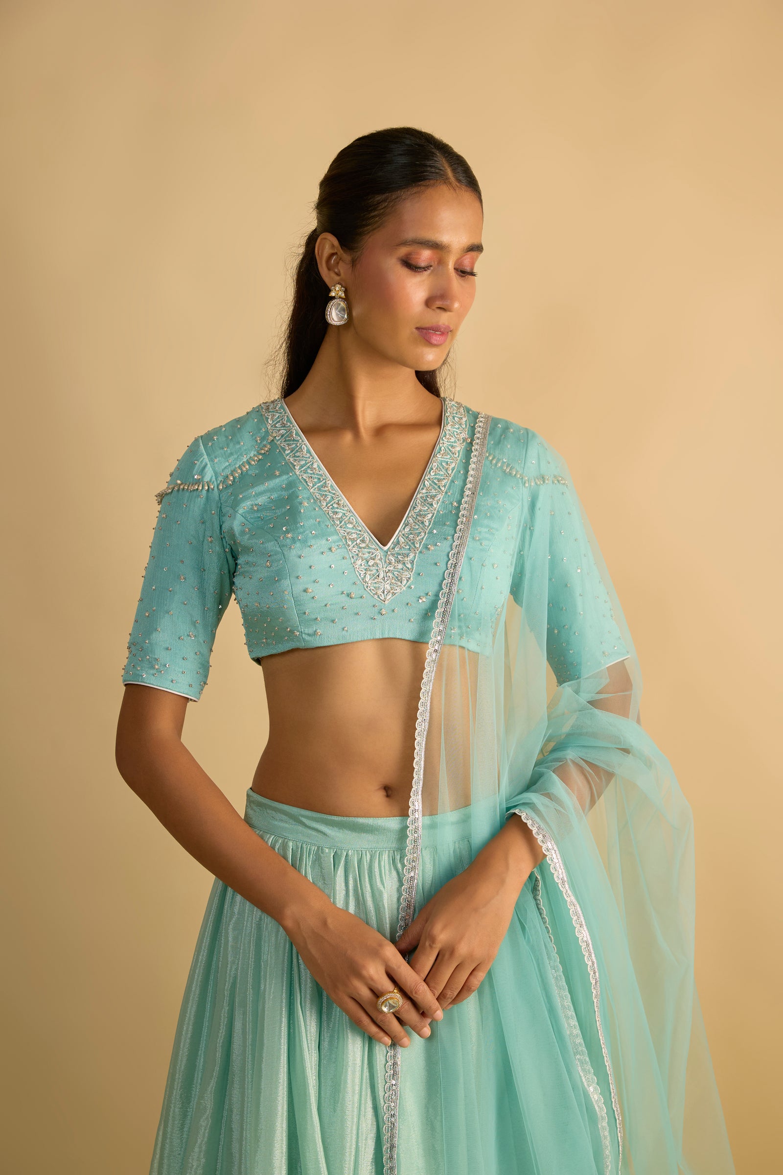 Crystal Blue Silk Chiffon Lehenga Set