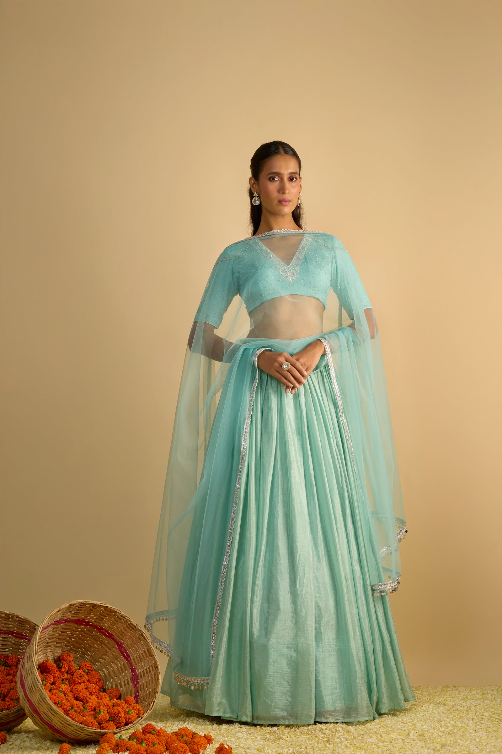 Crystal Blue Silk Chiffon Lehenga Set
