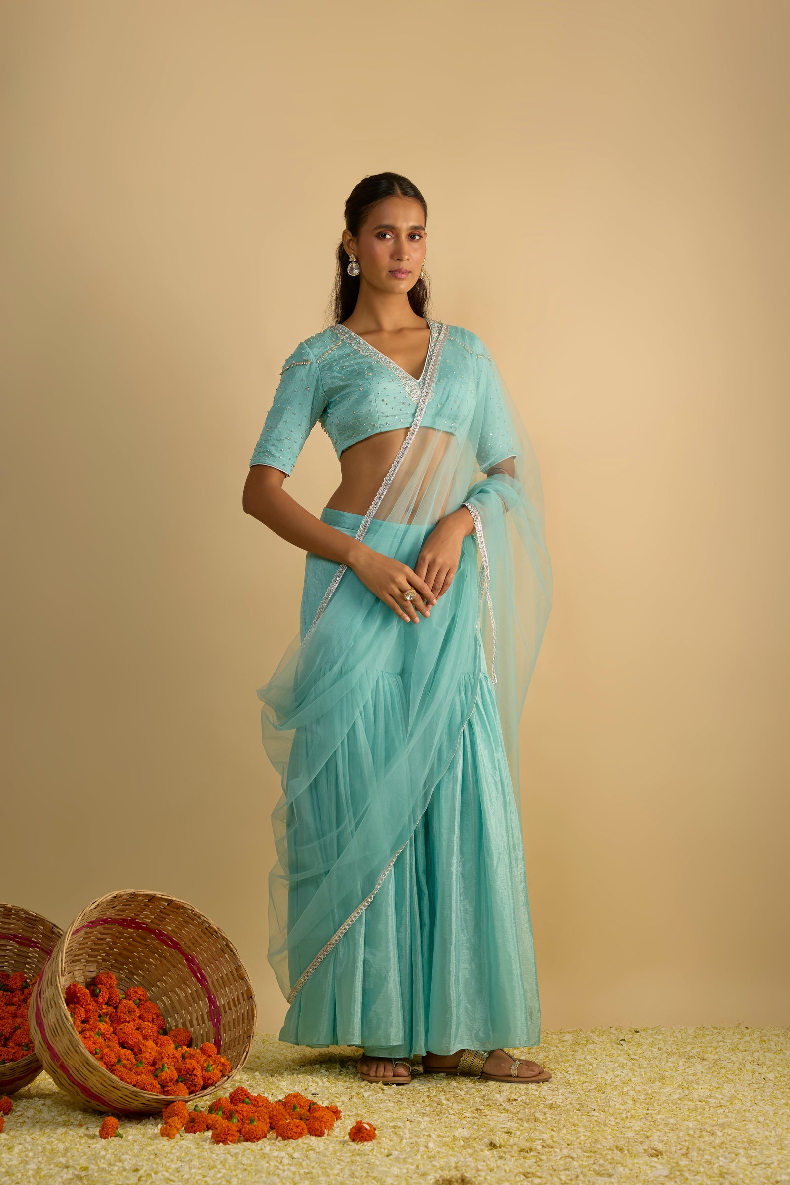 Crystal Blue Silk Chiffon Gharara Set
