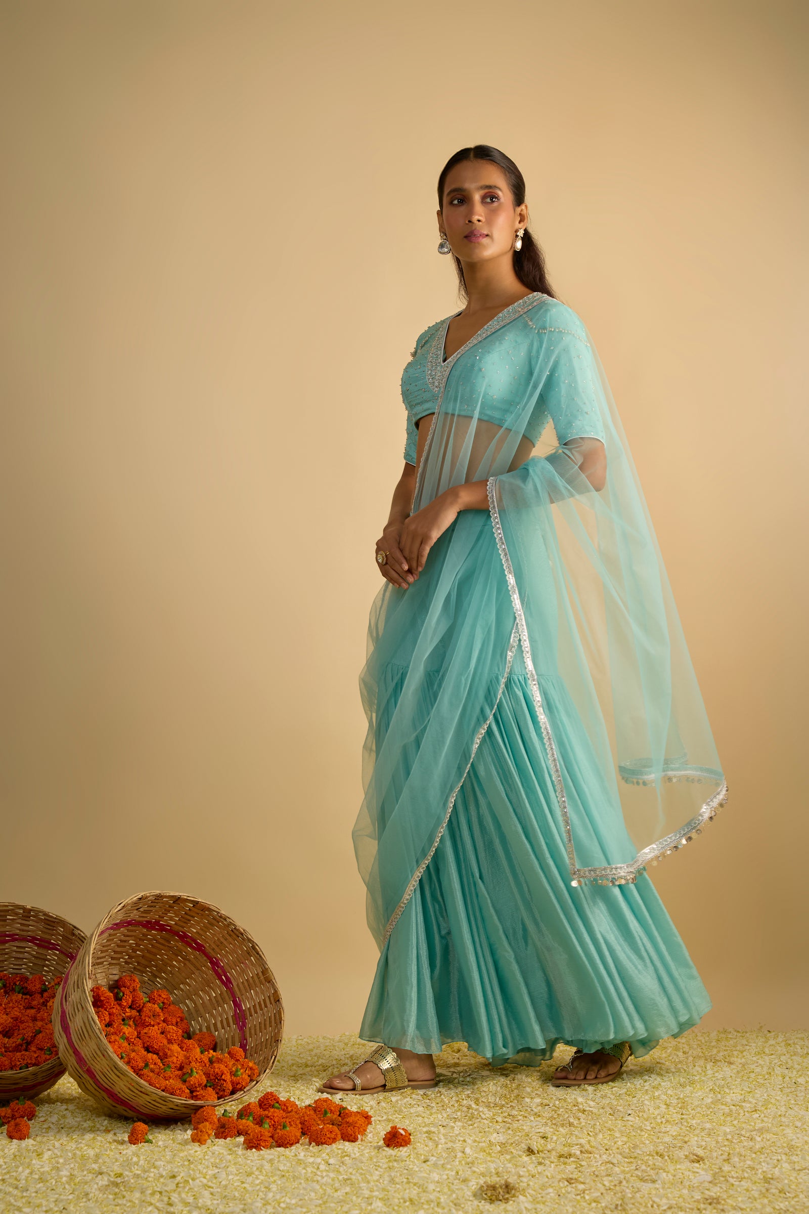 Crystal Blue Silk Chiffon Gharara Set
