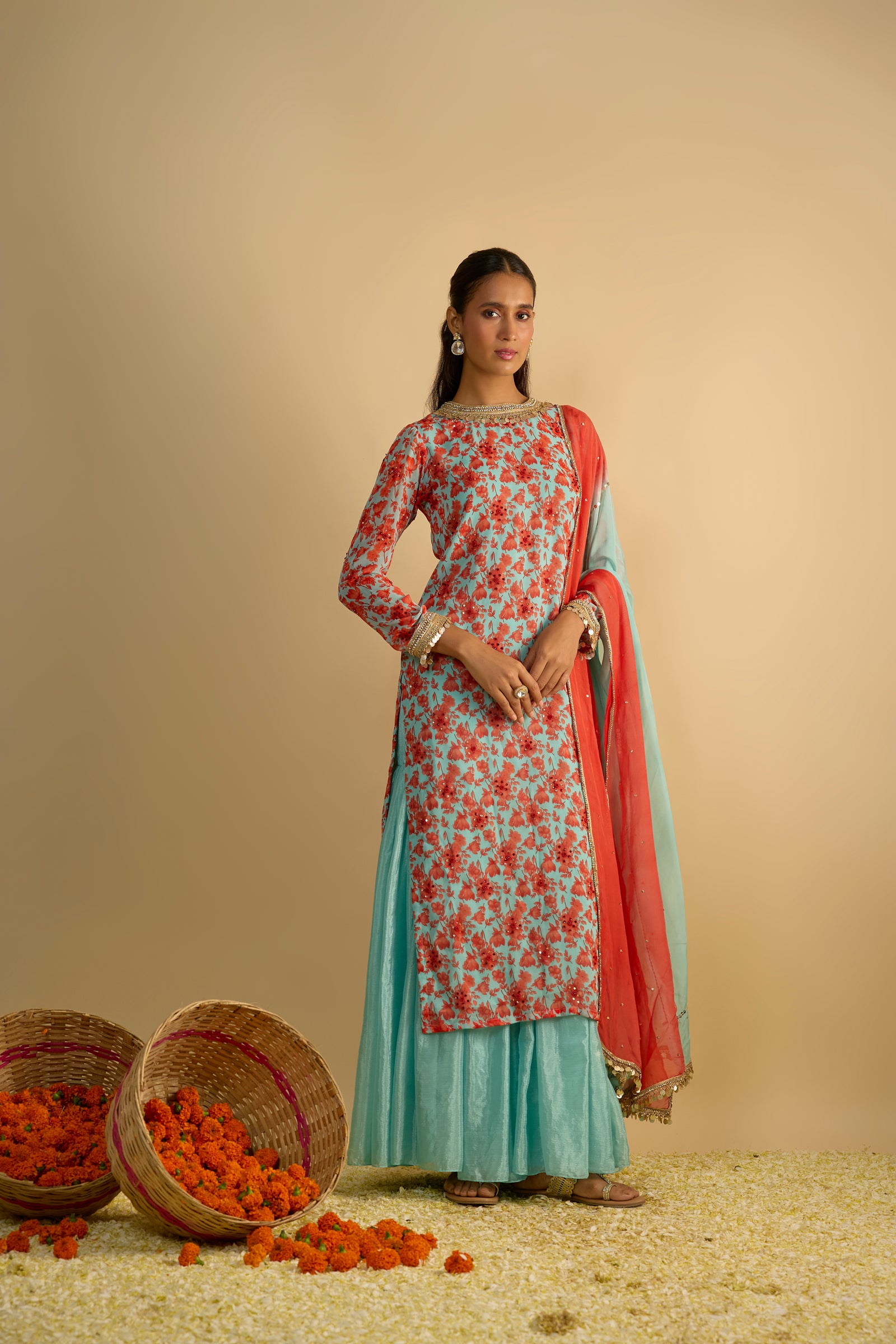 Blue and Orange Floral Printed Kurta Hand Embroidered in Georgette