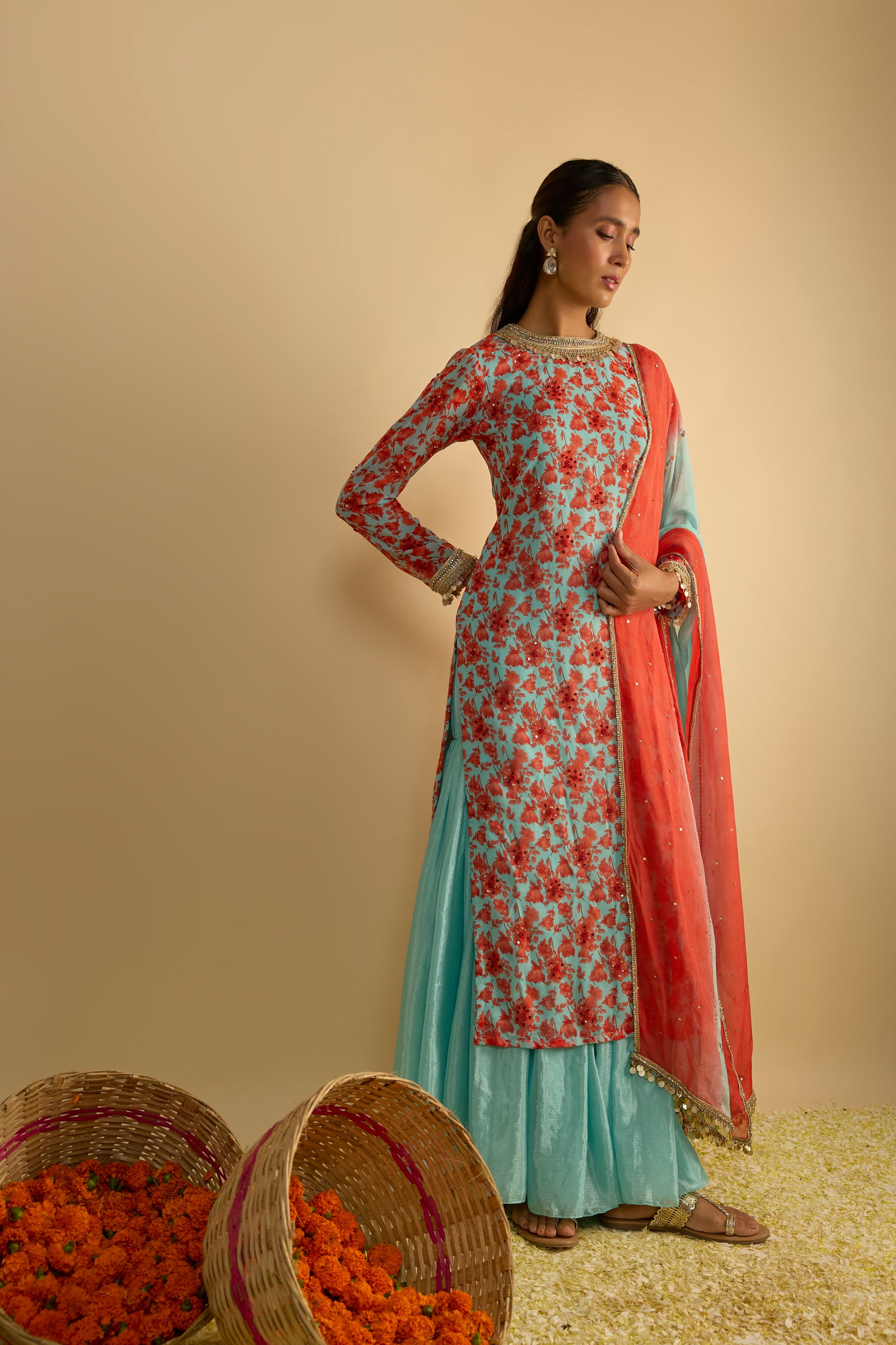 Blue and Orange Floral Printed Kurta Hand Embroidered in Georgette