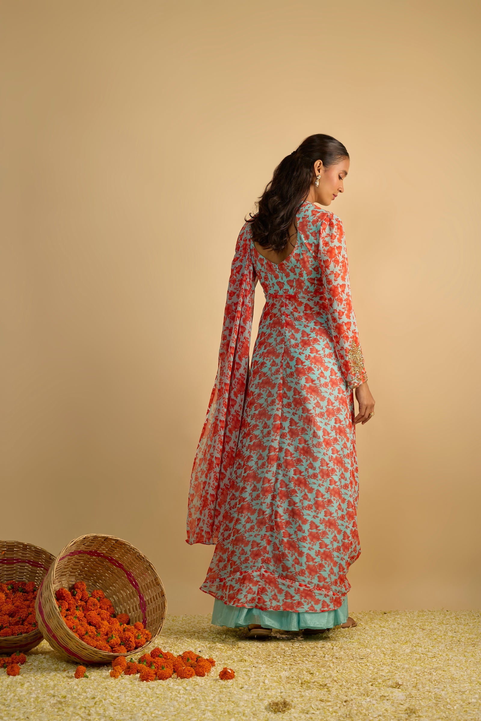 Blue and Orange Floral Printed Jacket Style Draped Kurta