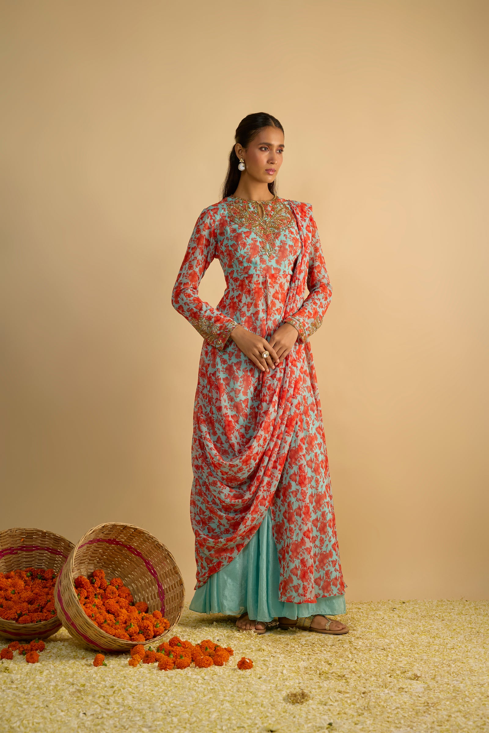 Blue and Orange Floral Printed Jacket Style Draped Kurta