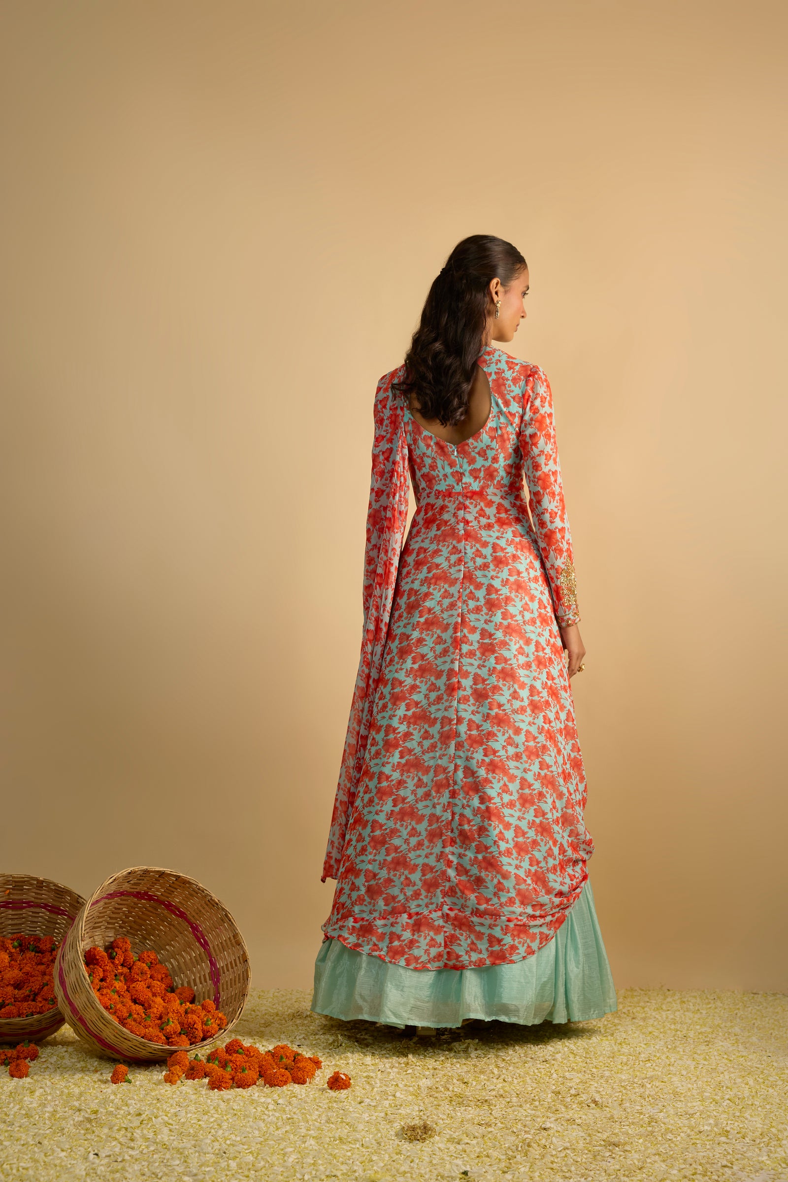 Blue and Orange Floral Printed Jacket Style Draped Kurta