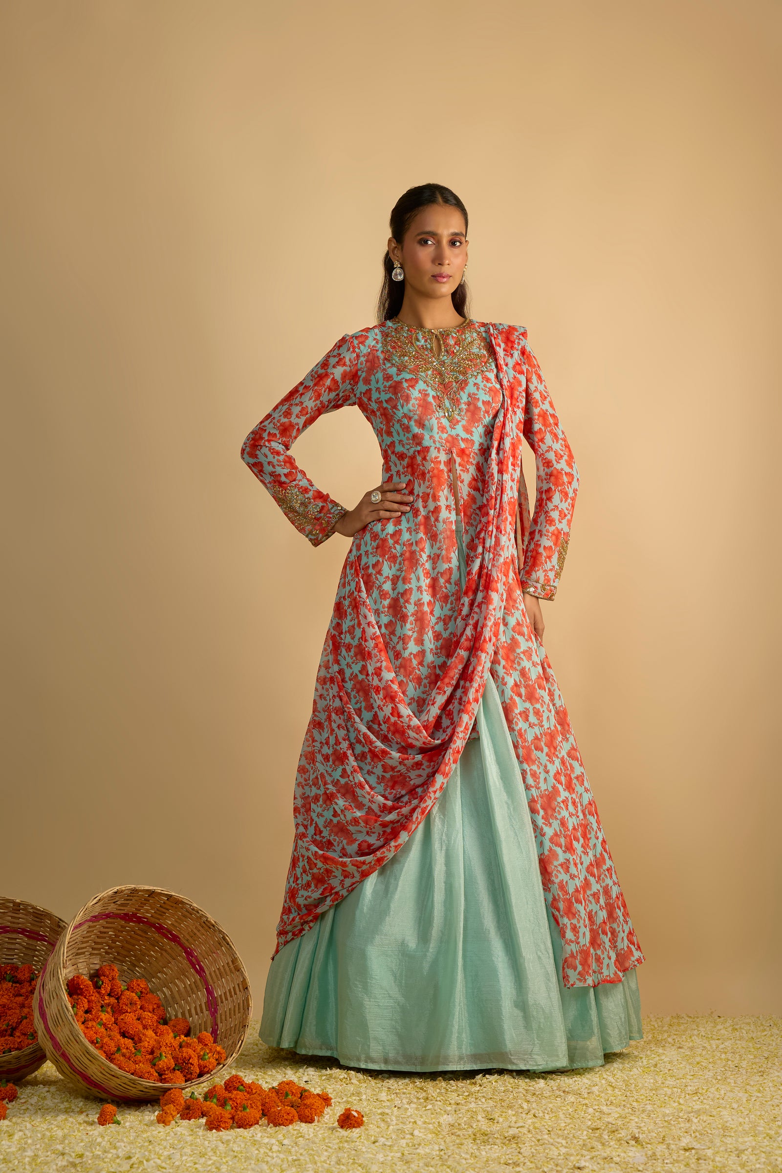 Blue and Orange Floral Printed Jacket Style Draped Kurta