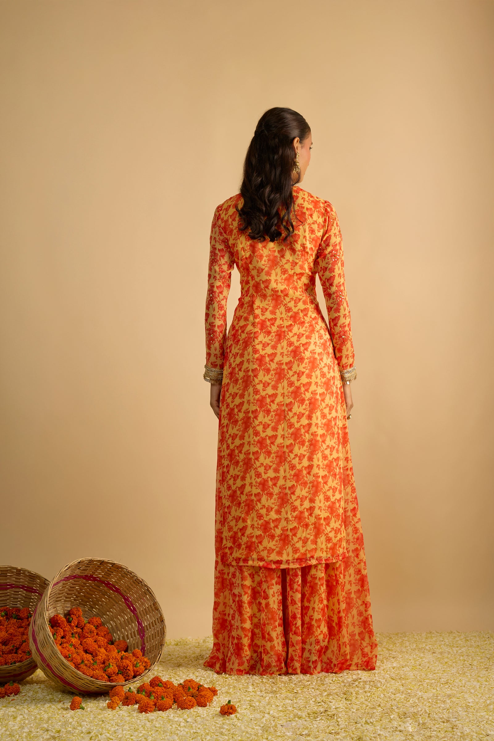 Yellow and Orange Floral Printed Hand Embroidered Palazzo Set