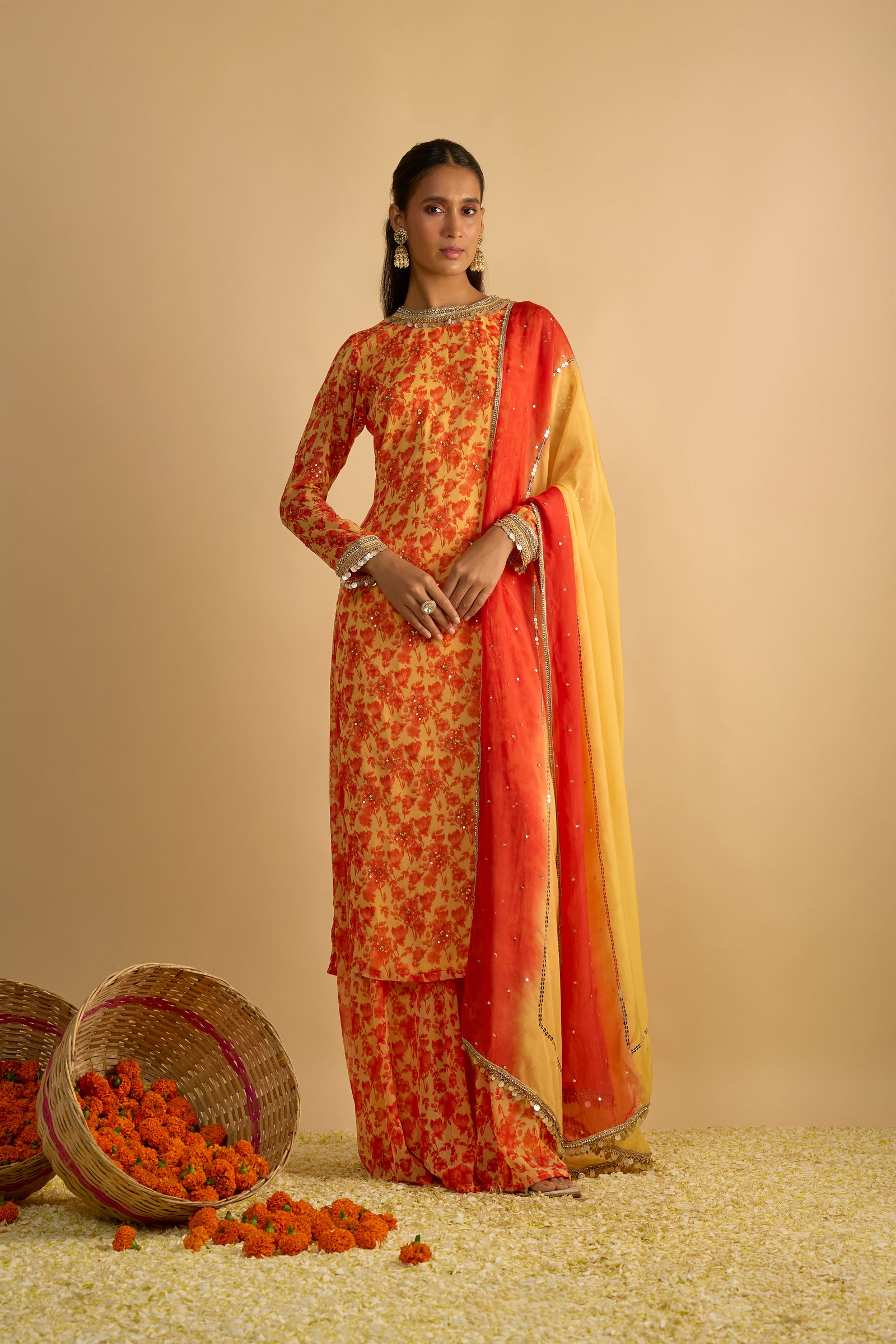 Yellow and Orange Floral Printed Hand Embroidered Palazzo Set