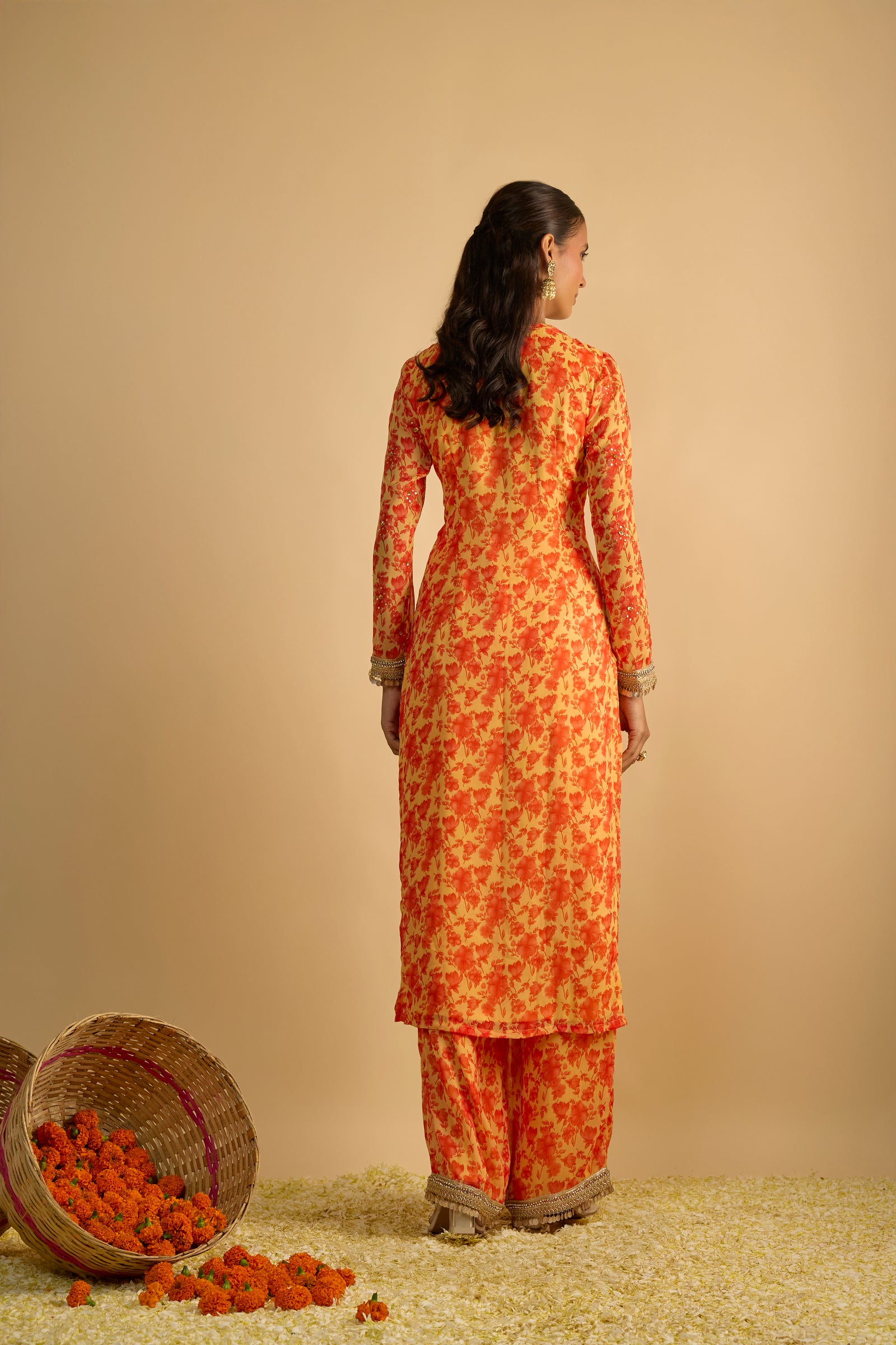 Yellow and Orange Floral Printed Hand Embroidered Kurta Set