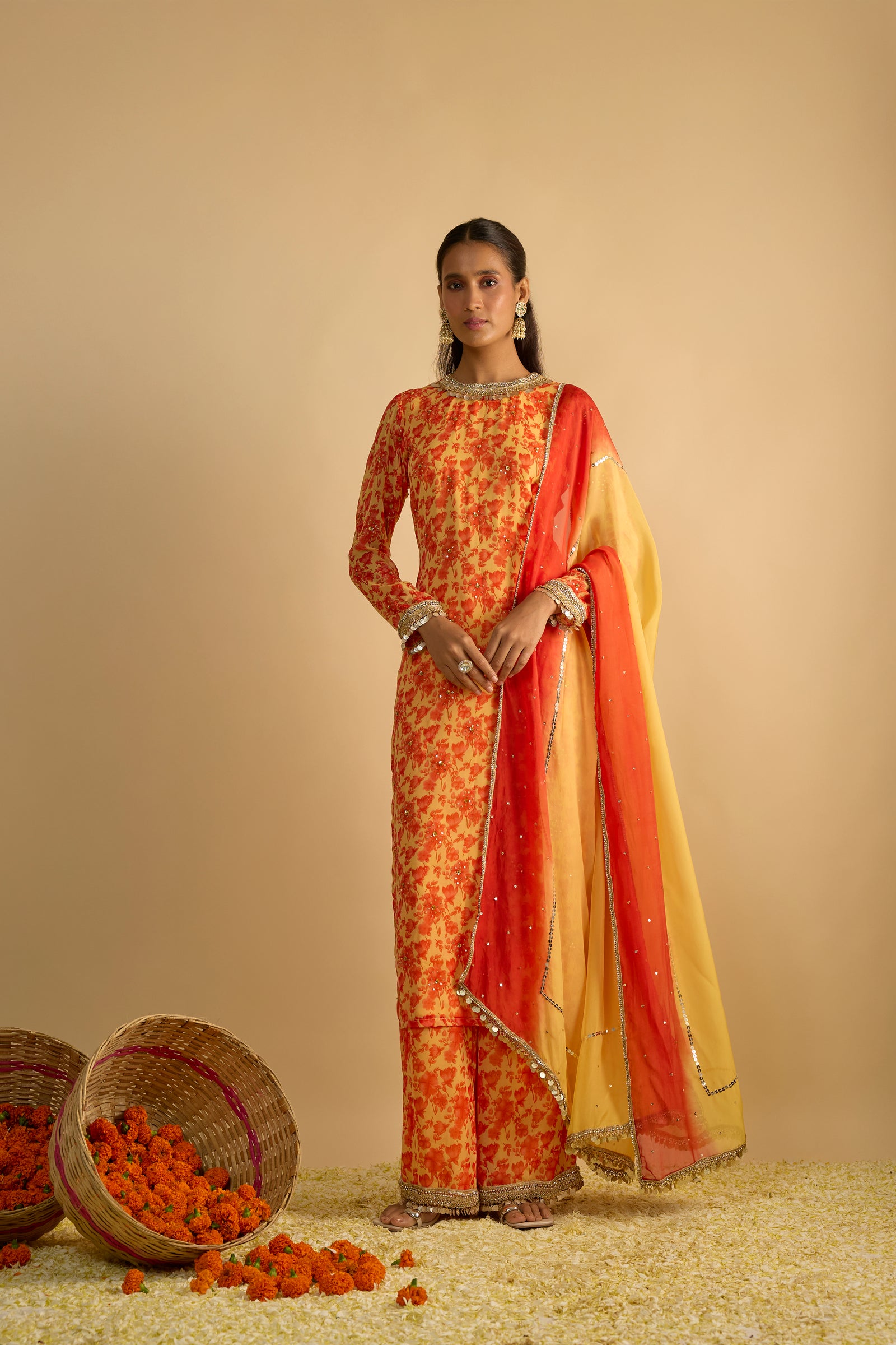 Yellow and Orange Floral Printed Hand Embroidered Kurta Set