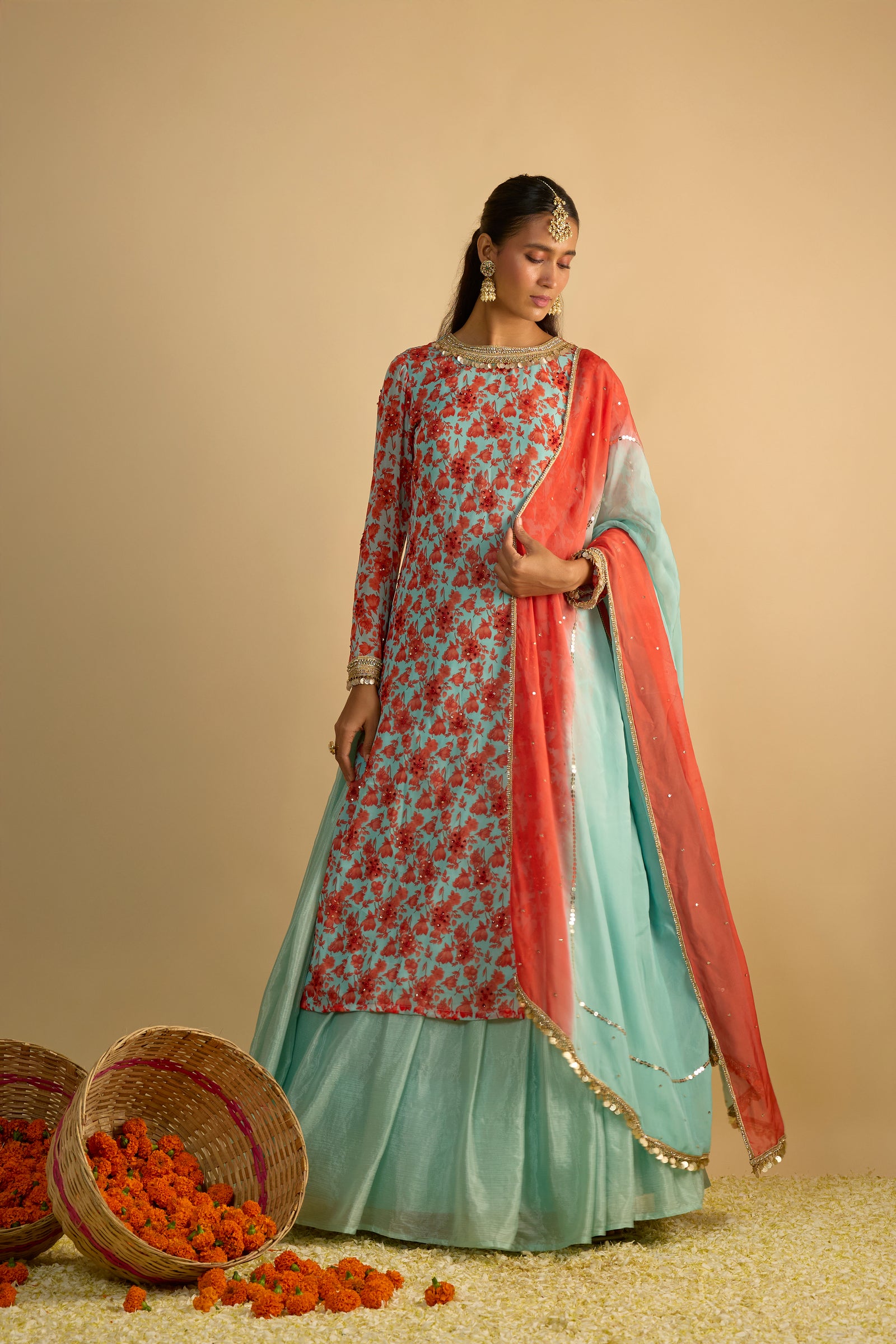 Blue and Orange Floral Printed Kurta Hand Embroidered in Georgette