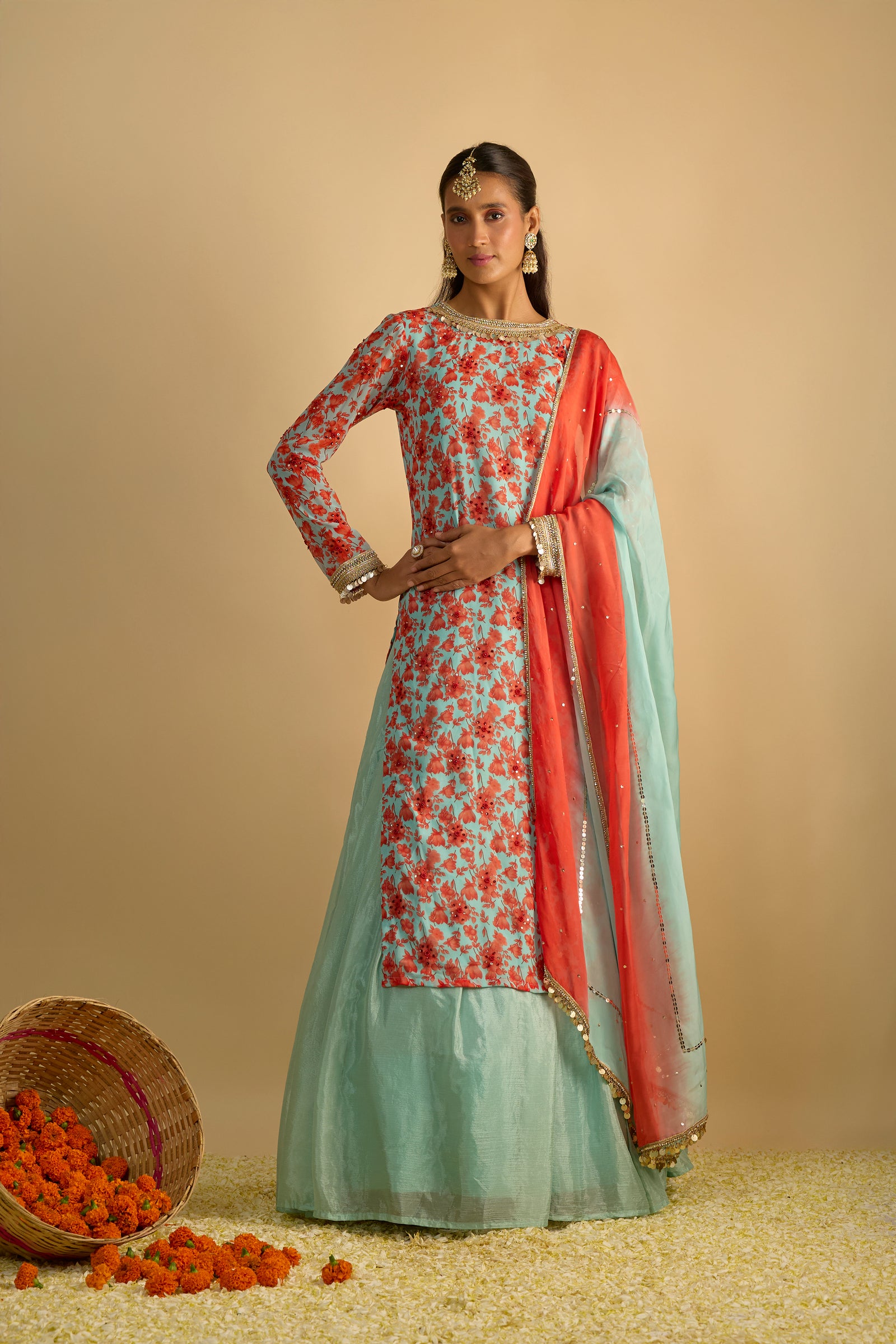 Blue and Orange Floral Printed Kurta Hand Embroidered in Georgette