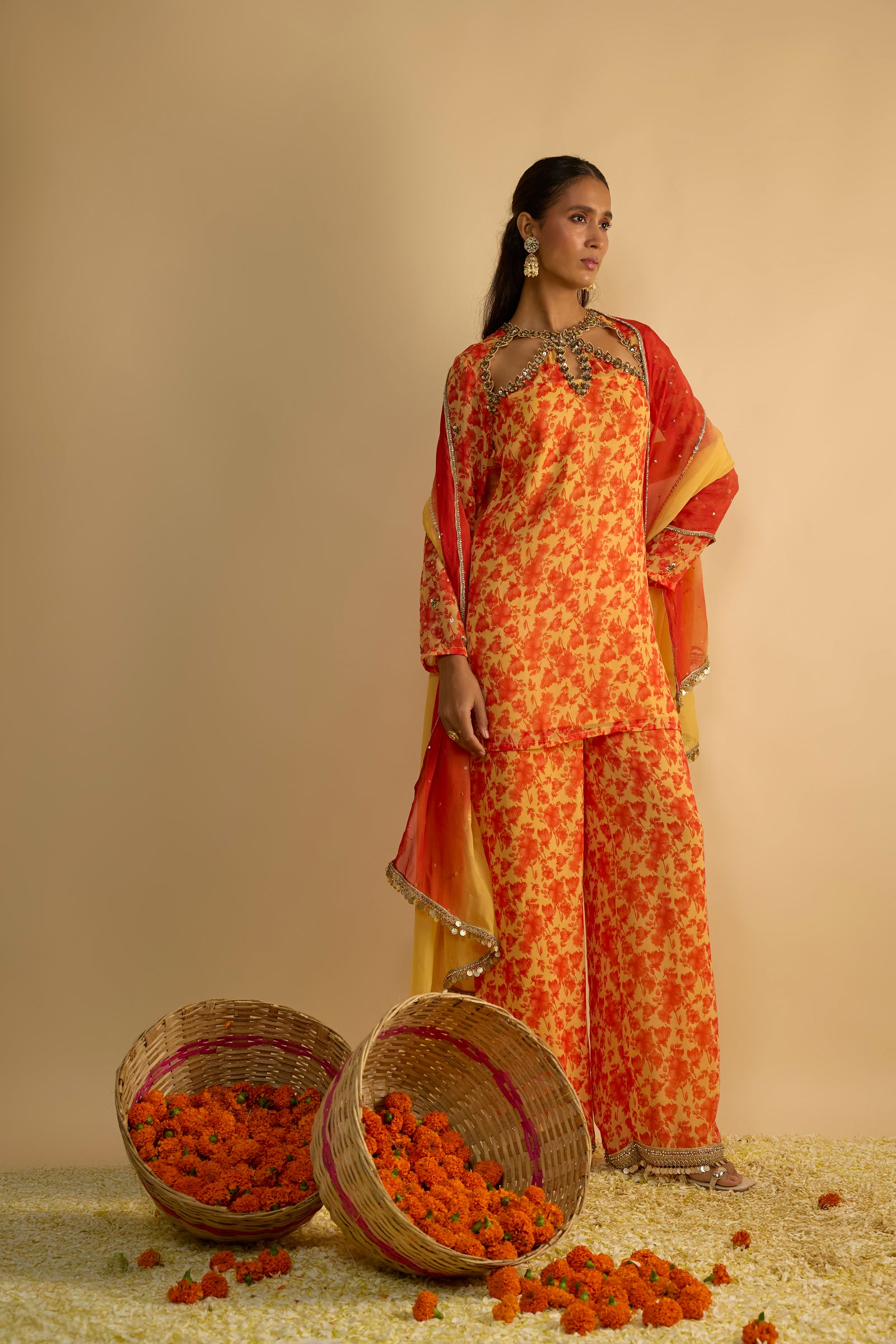 Yellow and Orange Floral Printed Hand Embroidered Short Kurta Set