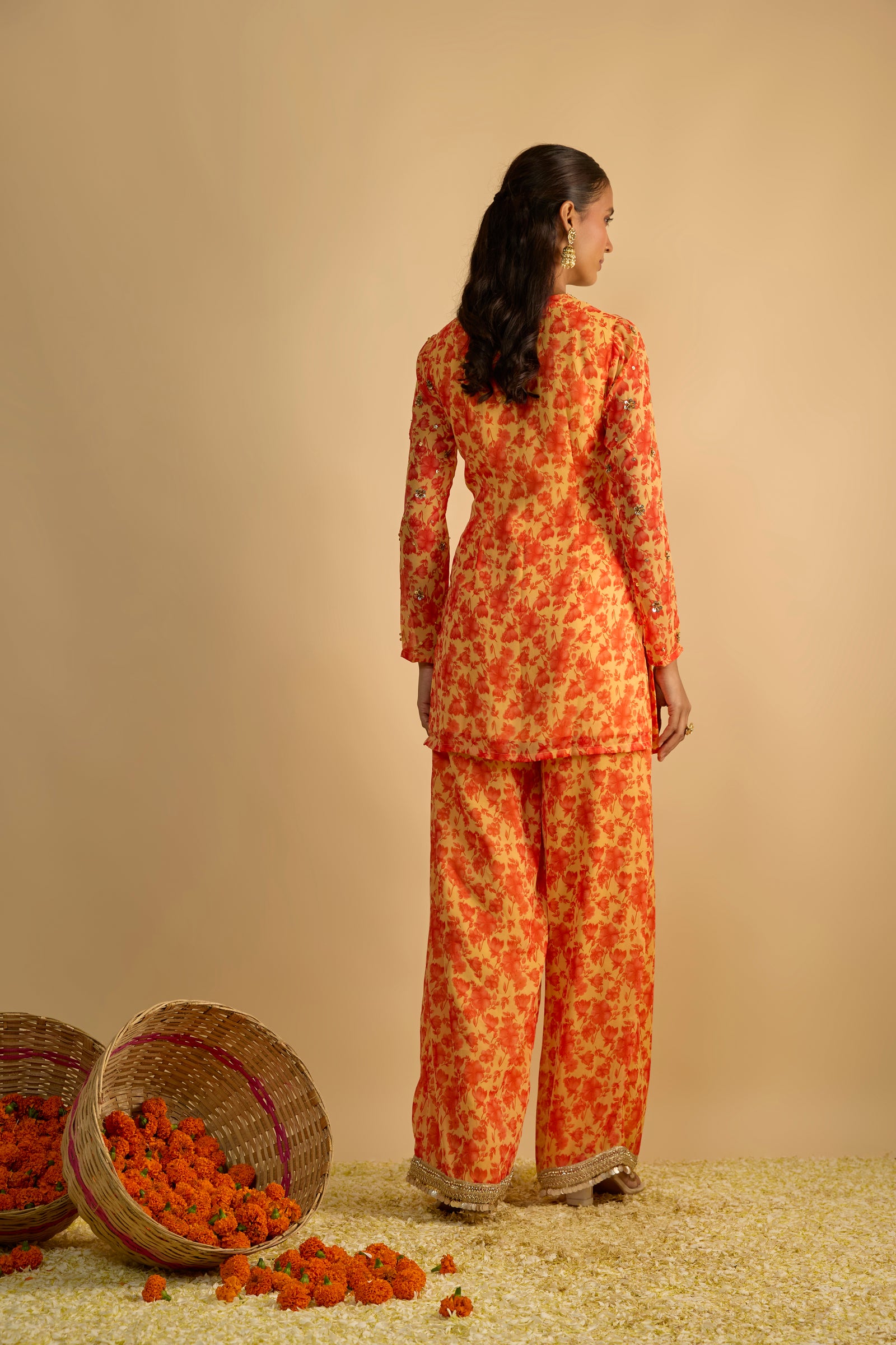 Yellow and Orange Floral Printed Hand Embroidered Short Kurta Set
