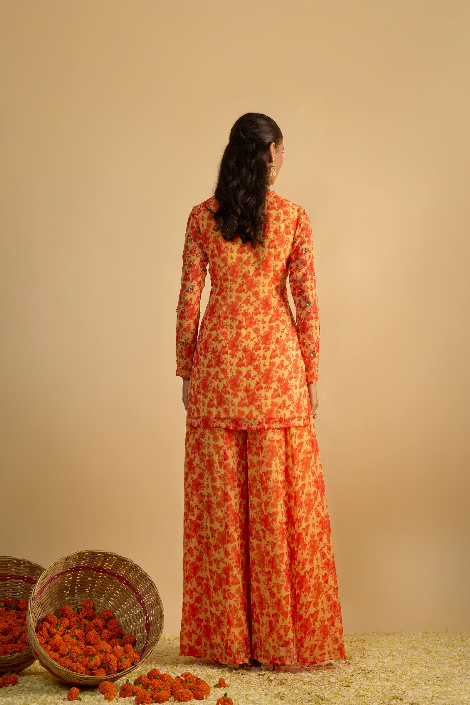Yellow and Orange Floral Printed Hand Embroidered Short Kurta Set