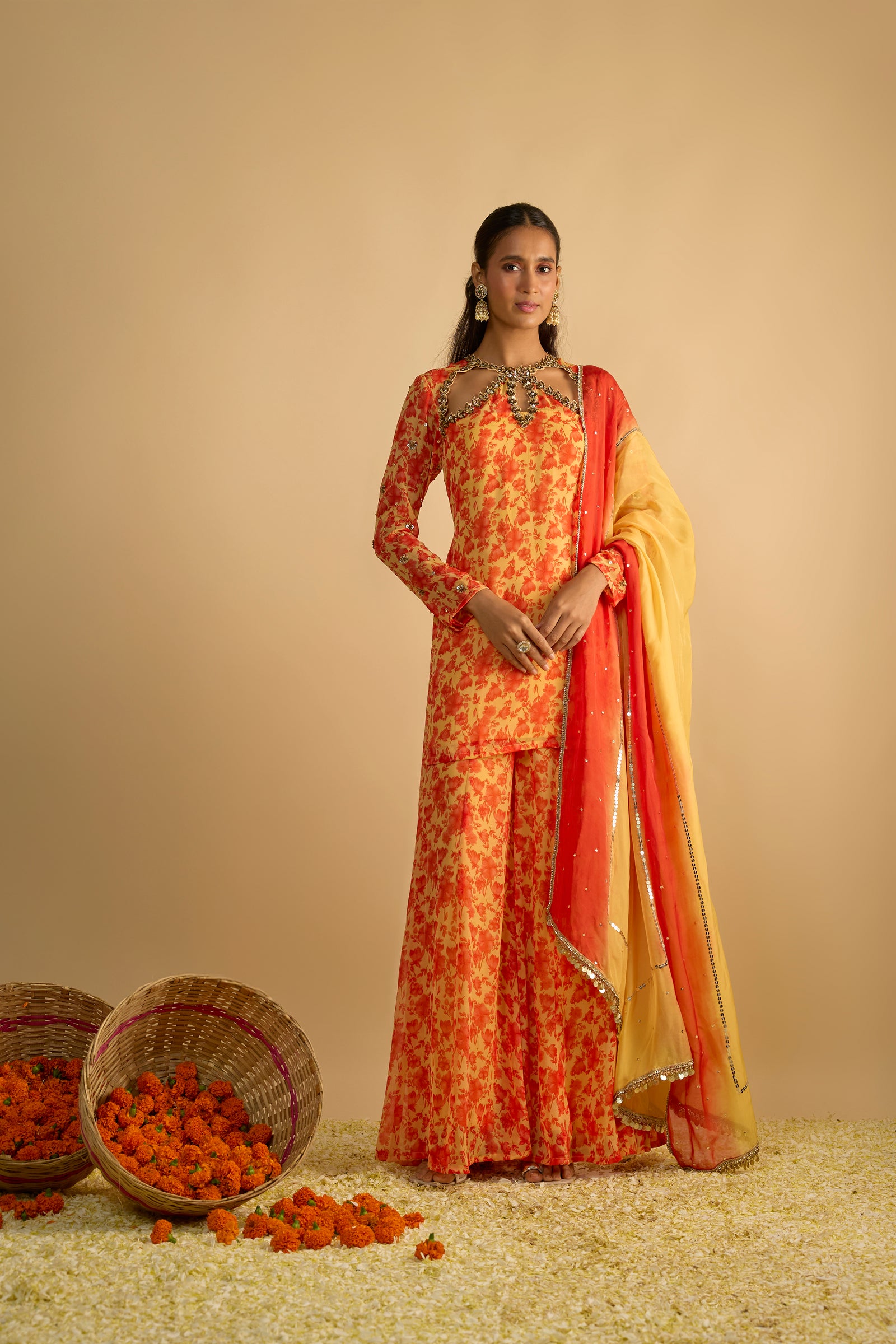 Yellow and Orange Floral Printed Hand Embroidered Short Kurta Set