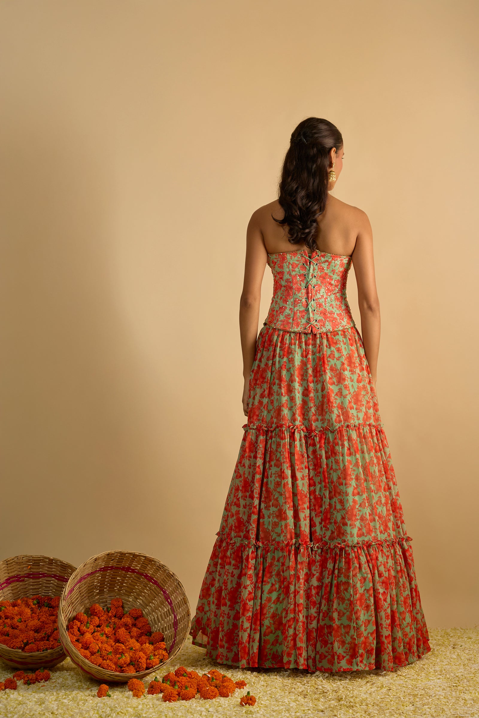 Green and Orange Floral Printed Hand Embroidered Corset