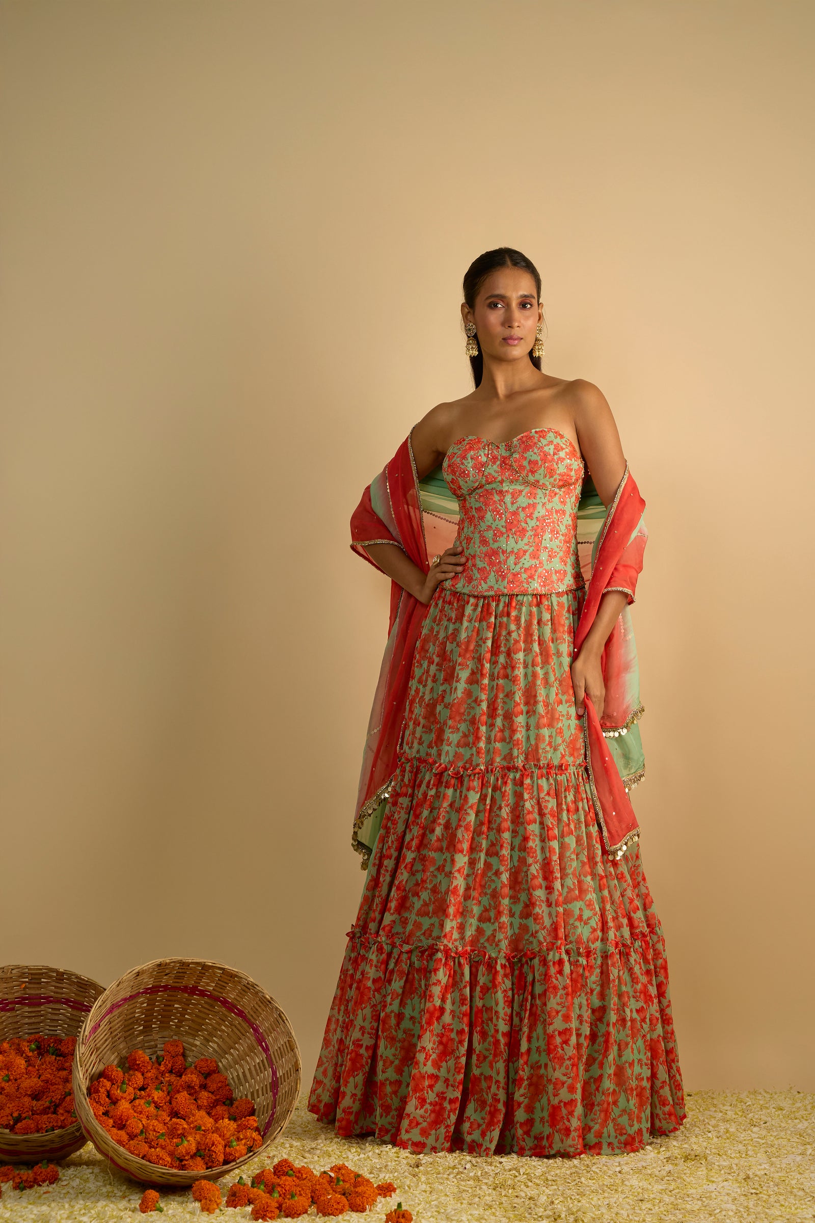 Green and Orange Floral Printed Hand Embroidered Corset