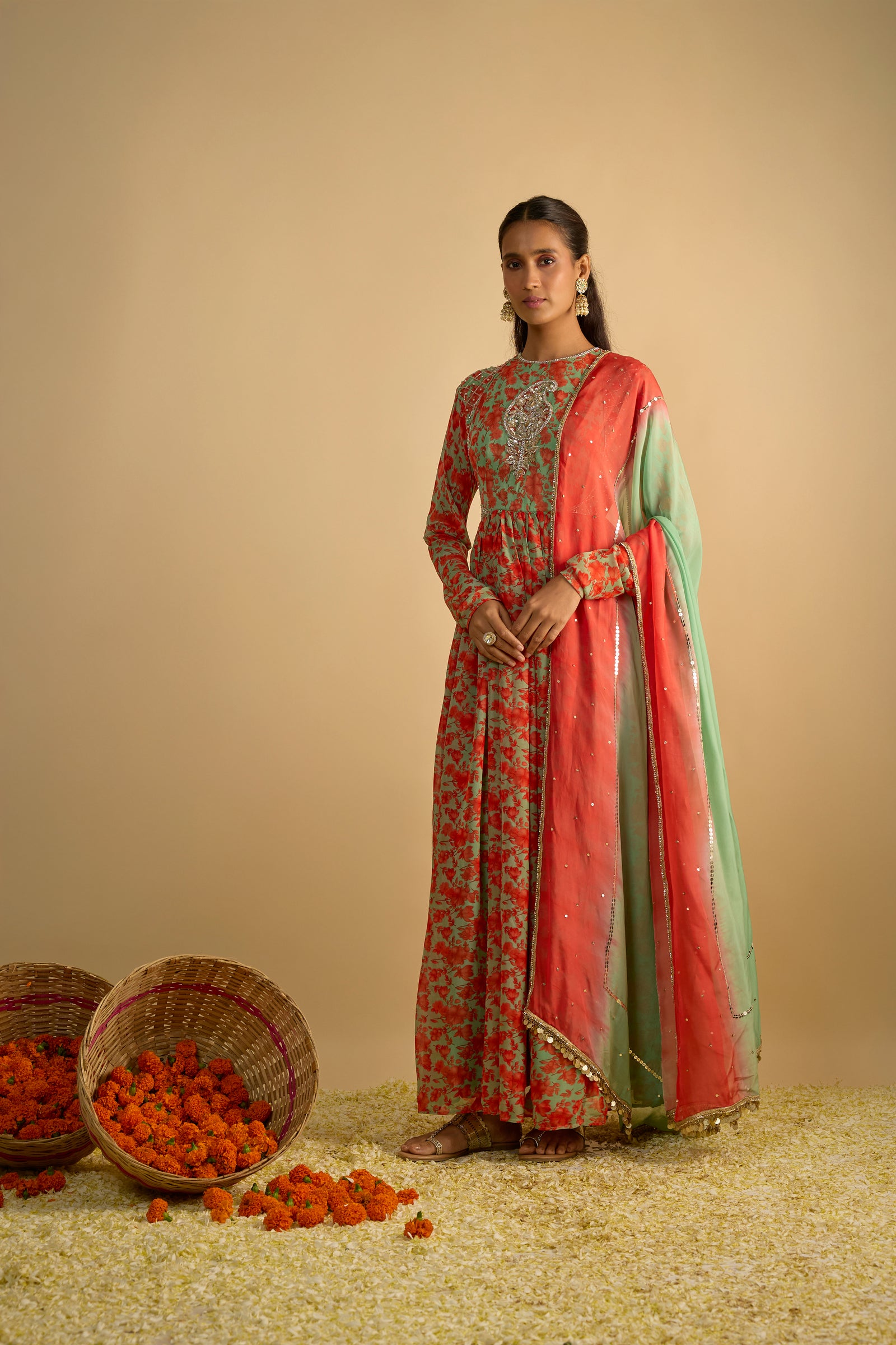Green and Orange Floral Printed Hand Embroidered Anarkali