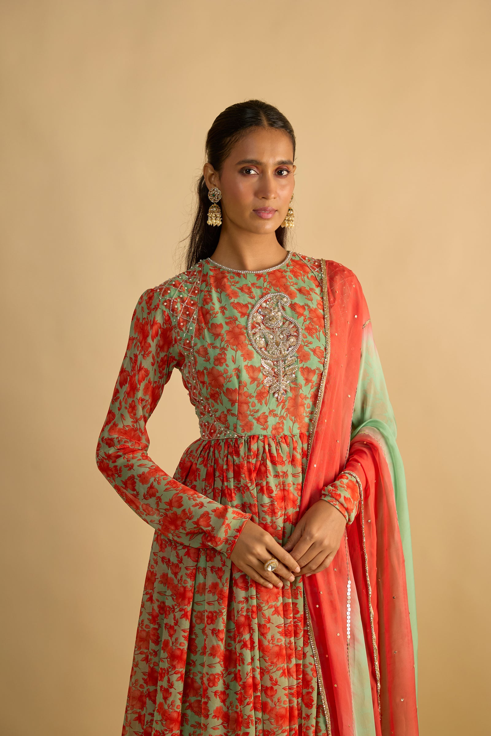 Green and Orange Floral Printed Hand Embroidered Anarkali