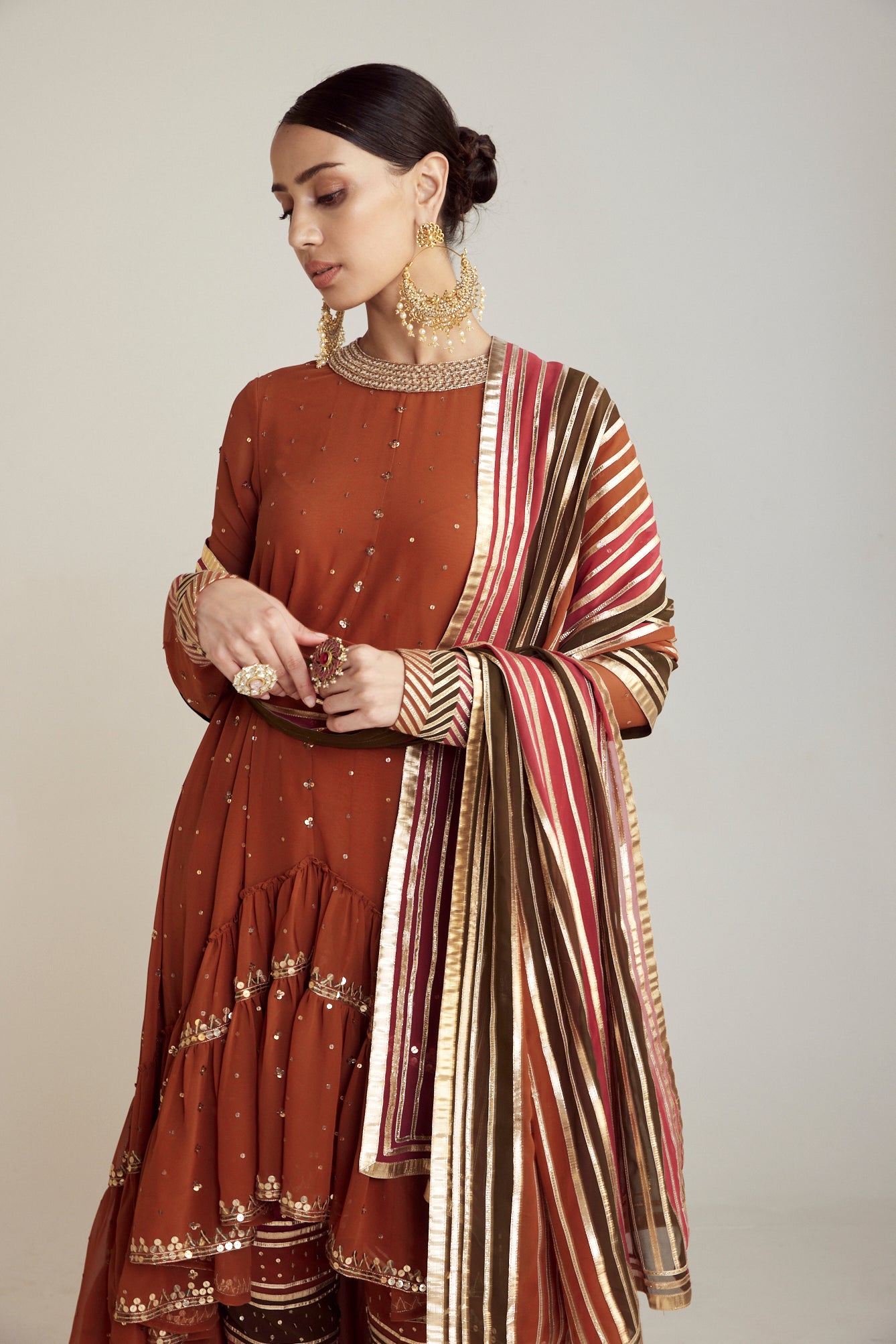 Rust Round Neck Asymmetrical Kurta Pant Set