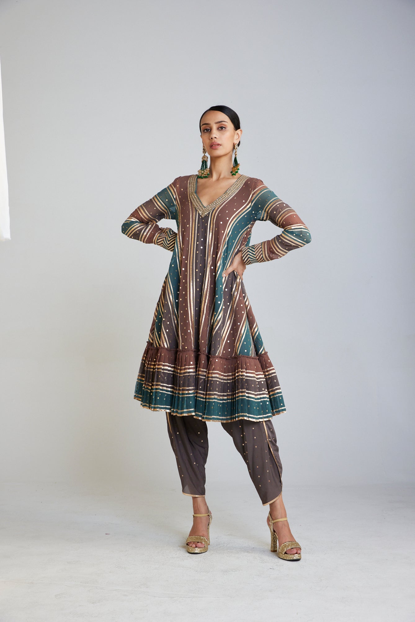 Mud Green Cheeta A Line Dhoti Kurta Set