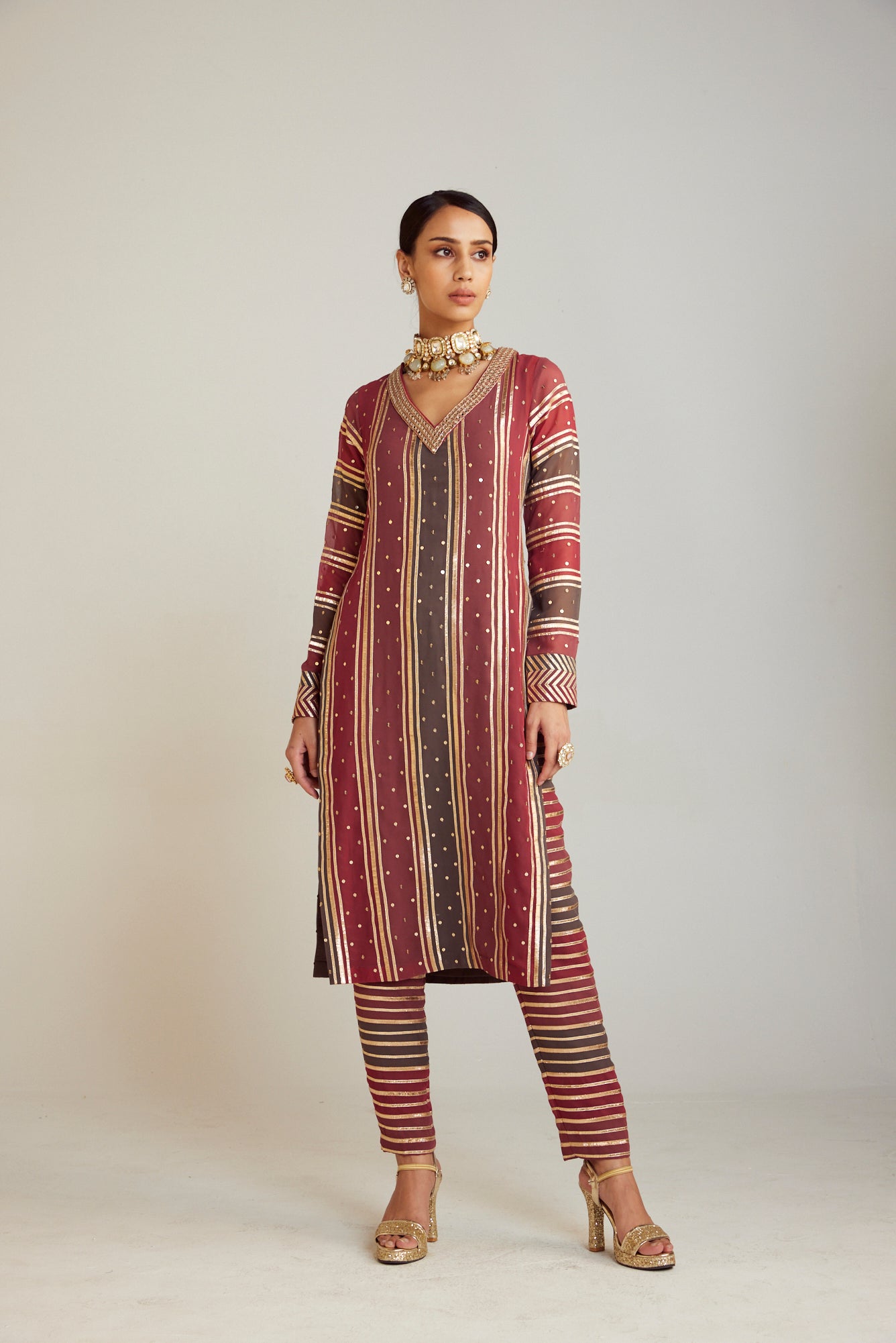 Charcoal Grey V Neck Straight Kurta Pant Set