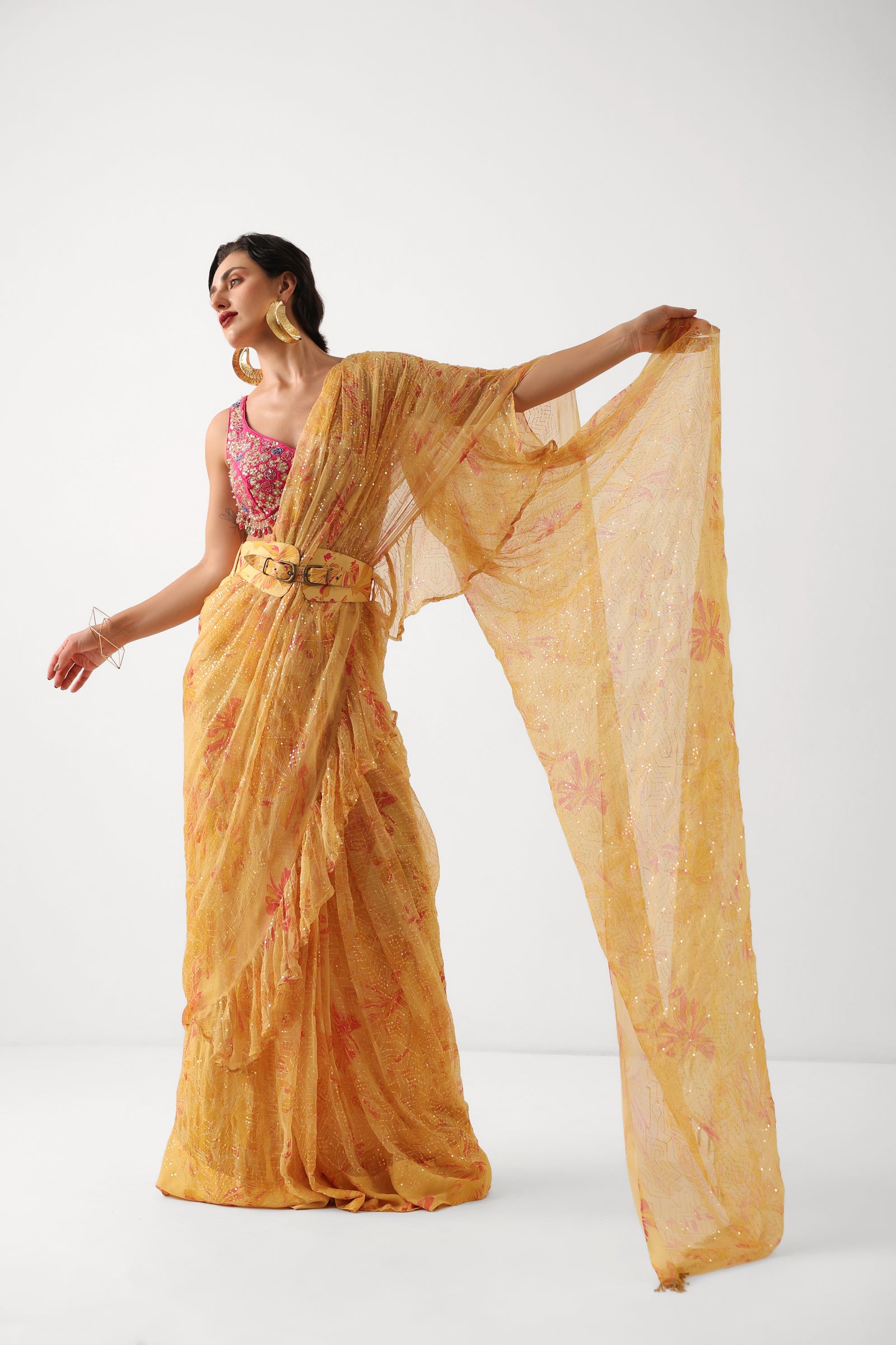 The alipore jhilmil saree set in butter yellow with phool gota blouse