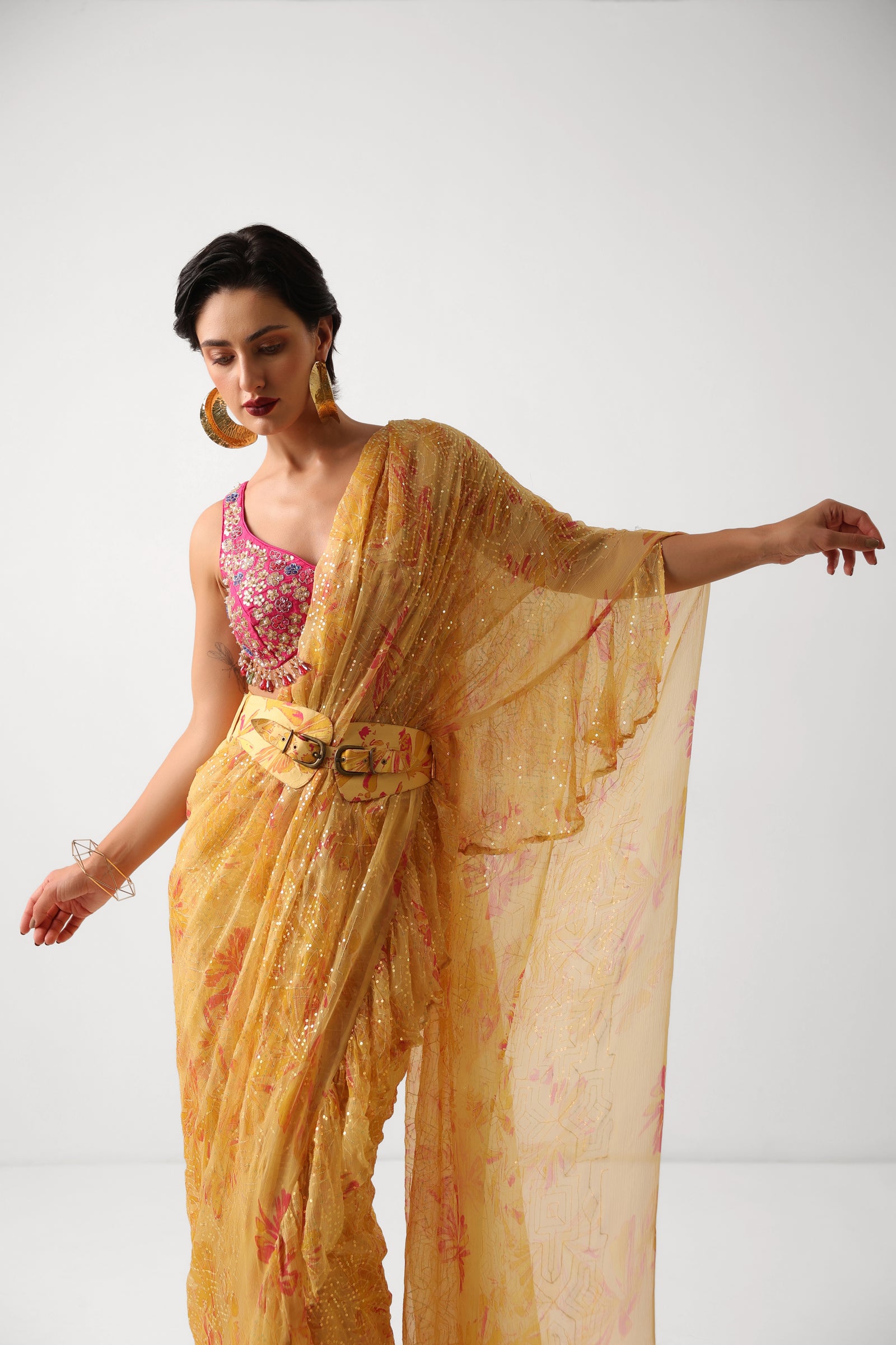 The alipore jhilmil saree set in butter yellow with phool gota blouse