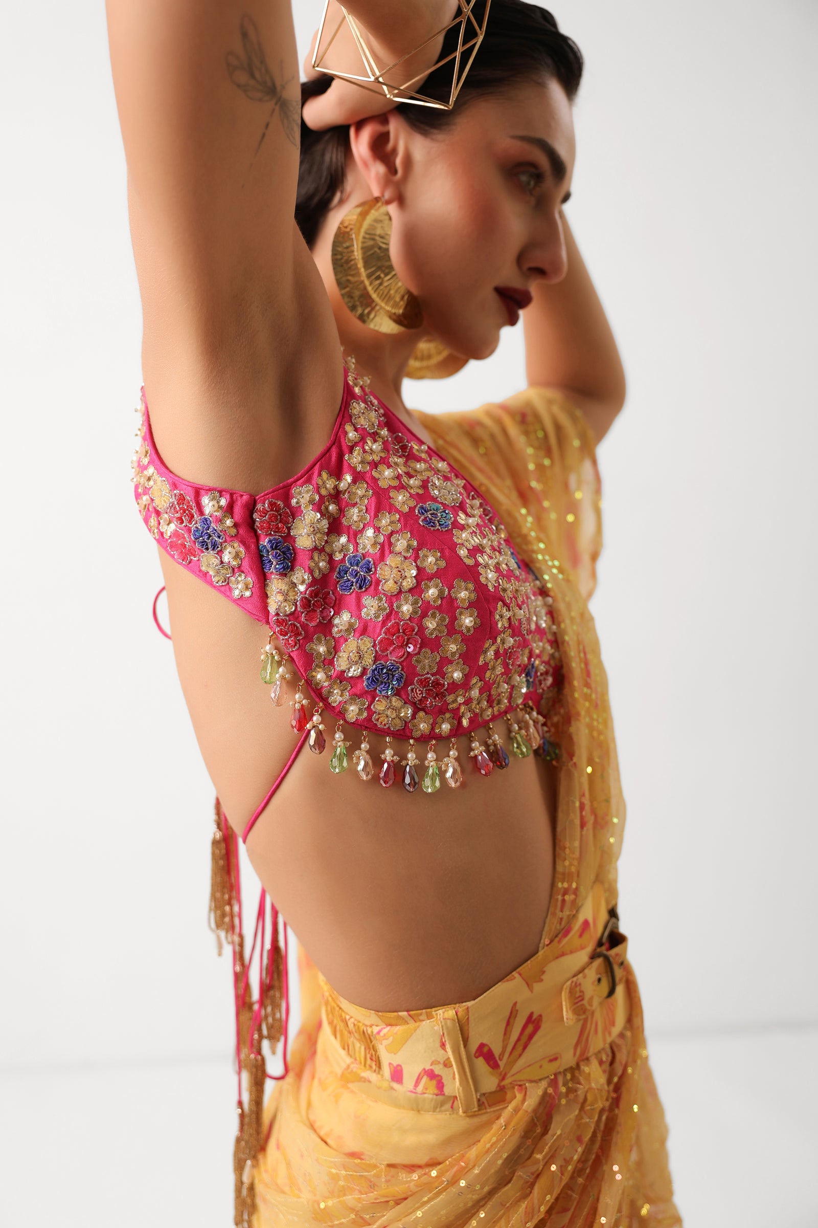 The alipore jhilmil saree set in butter yellow with phool gota blouse