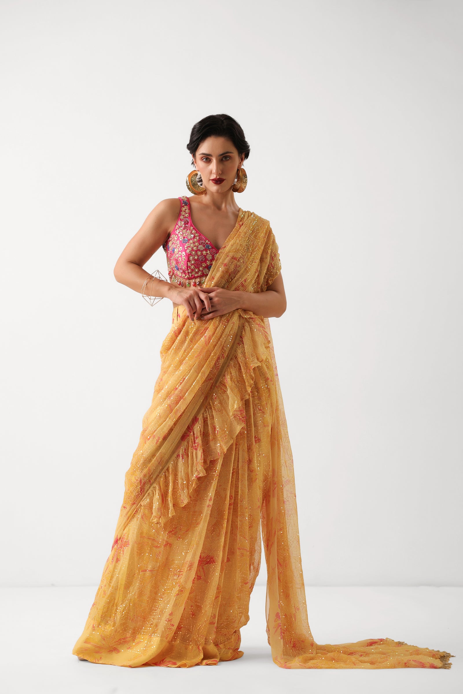 The alipore jhilmil saree set in butter yellow with phool gota blouse