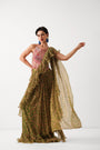 The Ezra Jhilmil saree set in avacado green with rani ambi blouse