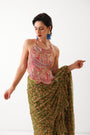 The Ezra Jhilmil saree set in avacado green with rani ambi blouse