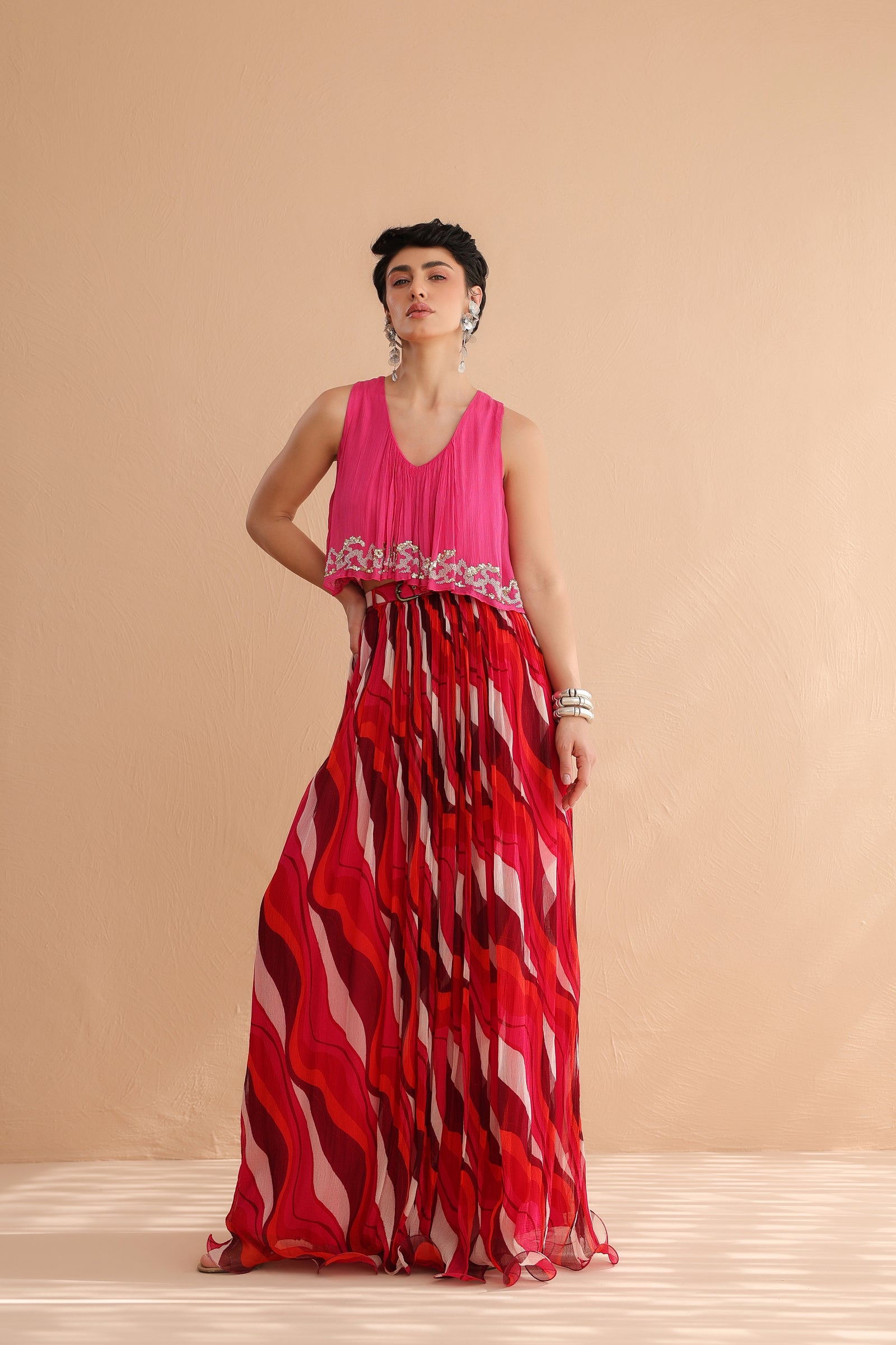 Fuchsia Collar Boho Top with Lehar Print Skirt Set