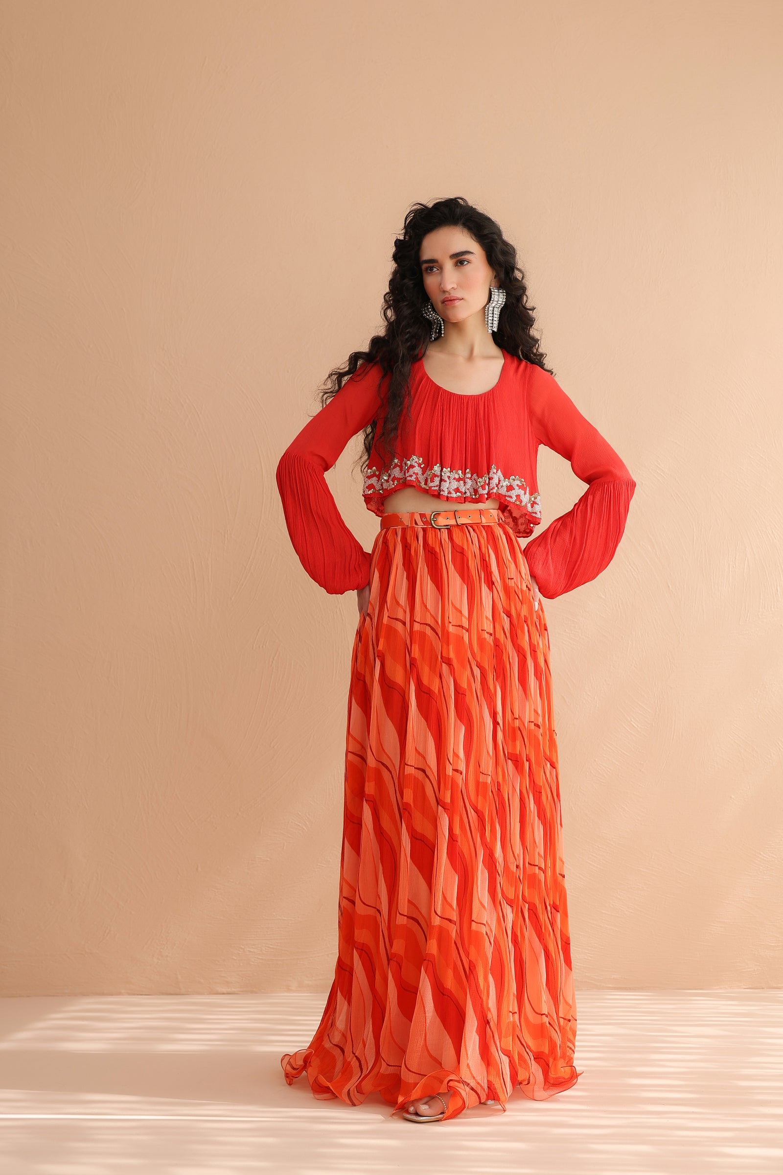 Coral Collar Boho Top with Lehar Print Skirt Set