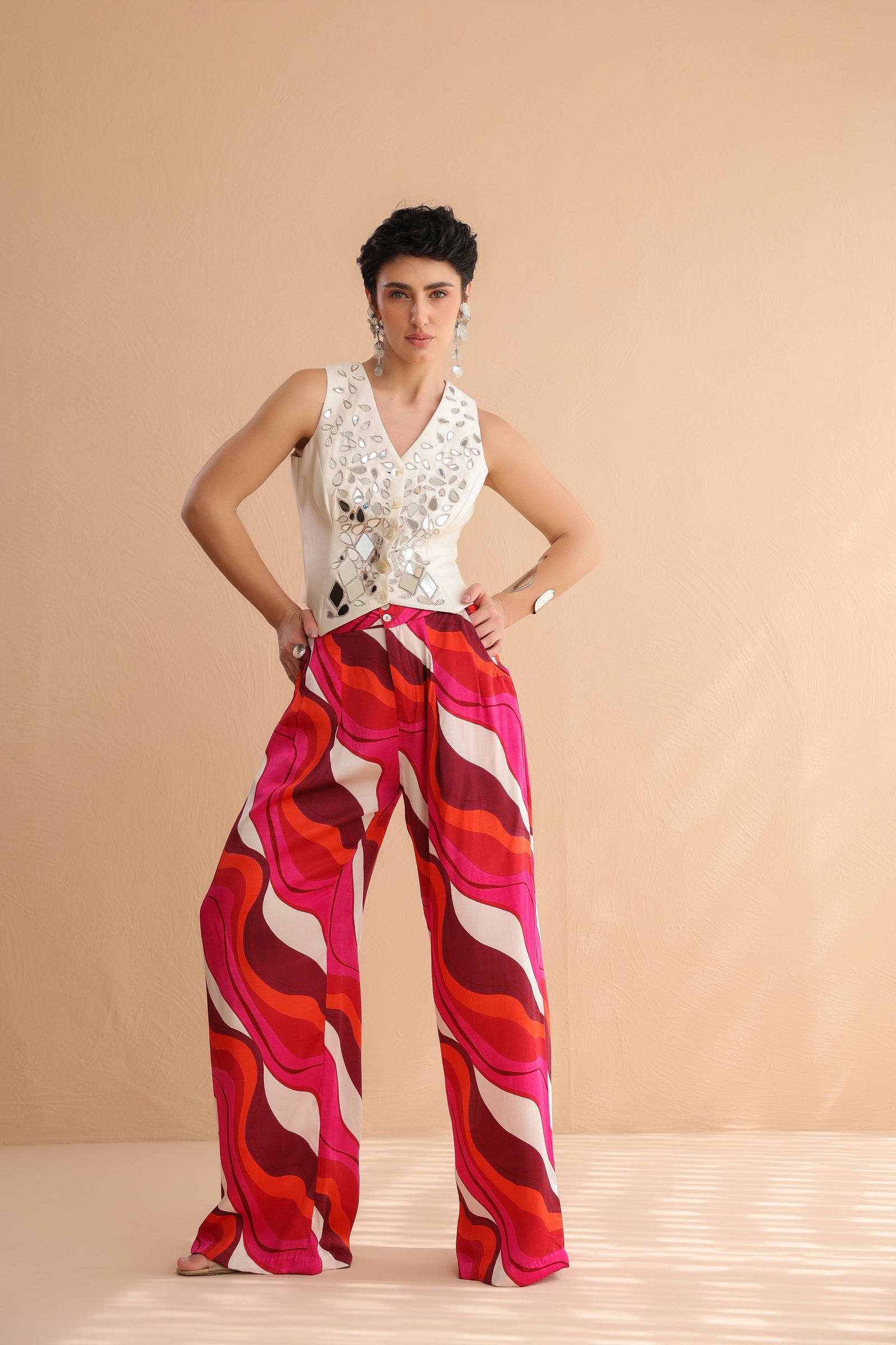 The Swagger Sheesha koti pant  set in ivory & fushcia lehar