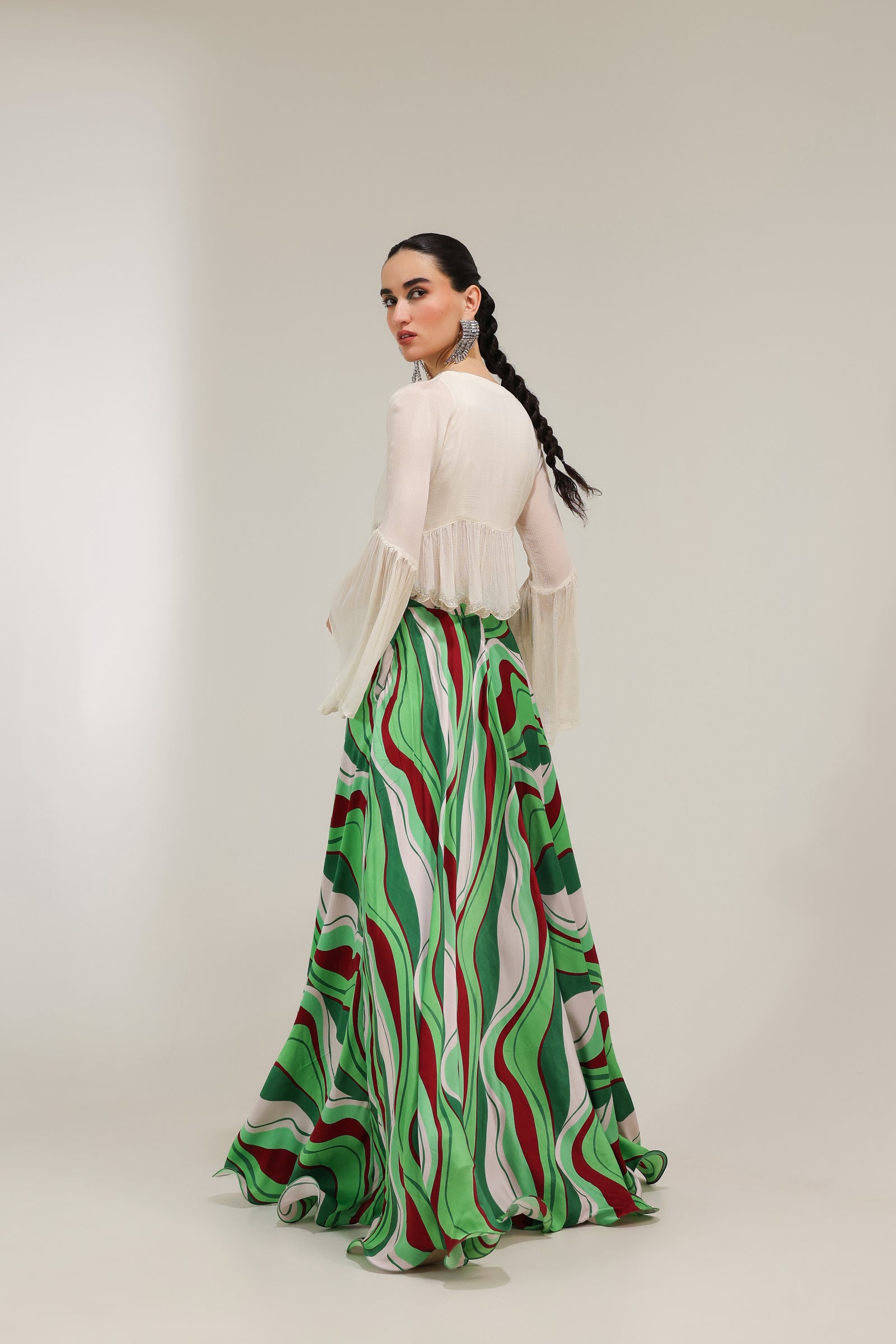 Ivory Sand Boho Top with Forest Green Lehar Print skirt set