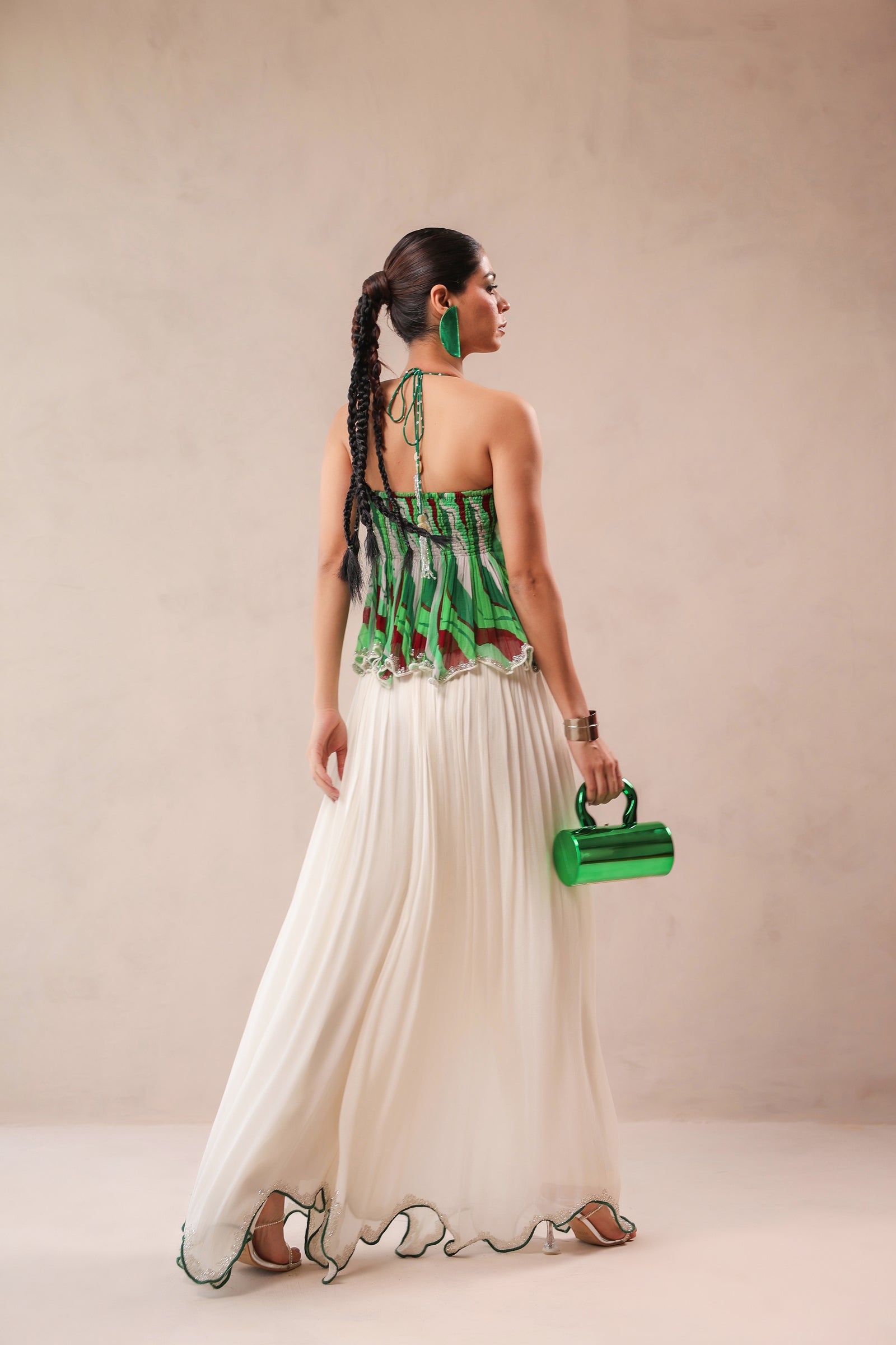 Vegas green halter boho top with Ivory cutwork Palazzo set
