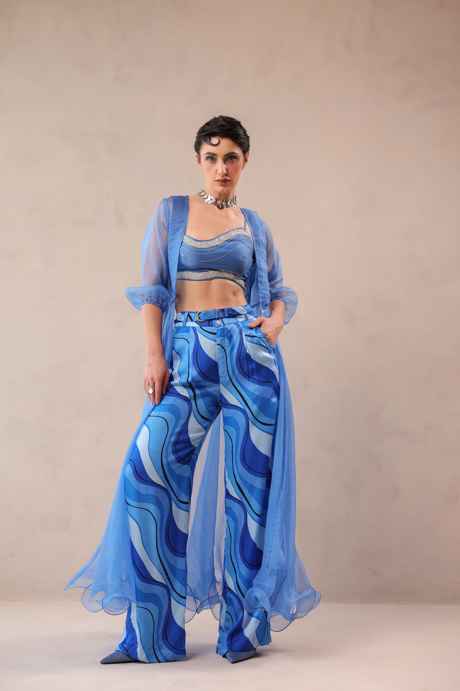 Ocean Blue sheer jacket & tide bling top with Atlantic Blue lehar Print pant set